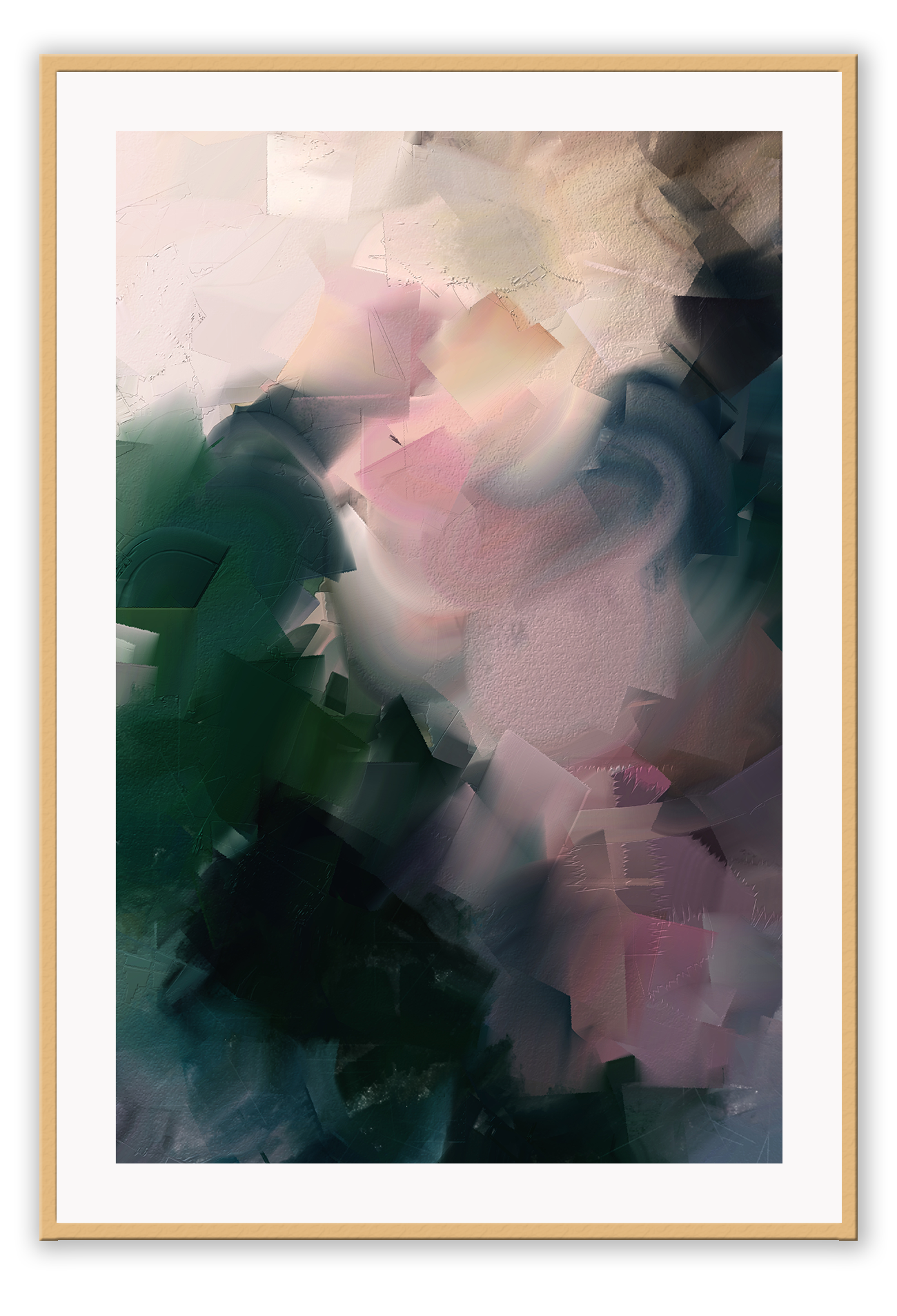 Abstract art print in brushtroke texture with darker green tones on the bottom fading into lighter blush tones at the top.
