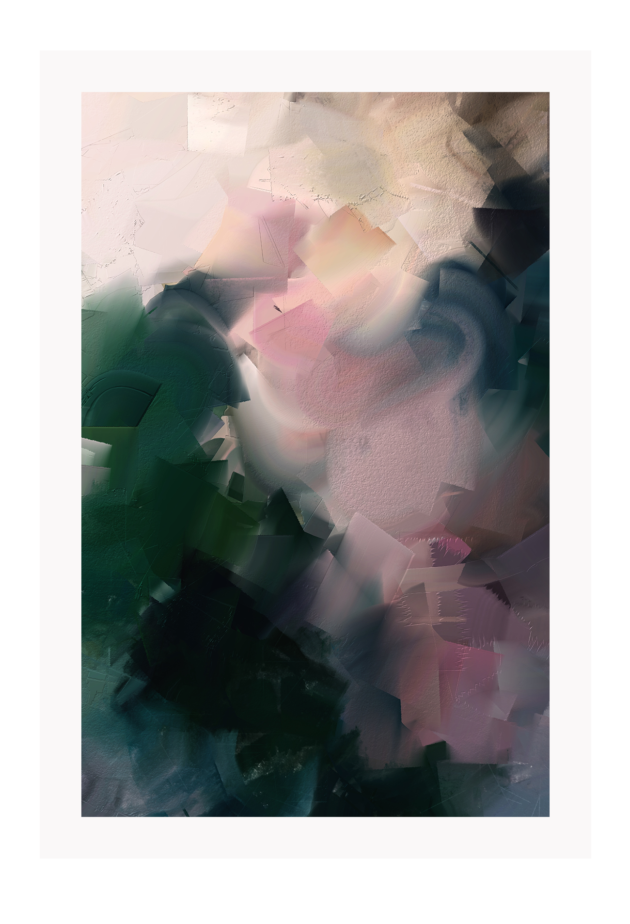 Abstract art print in brushtroke texture with darker green tones on the bottom fading into lighter blush tones at the top.