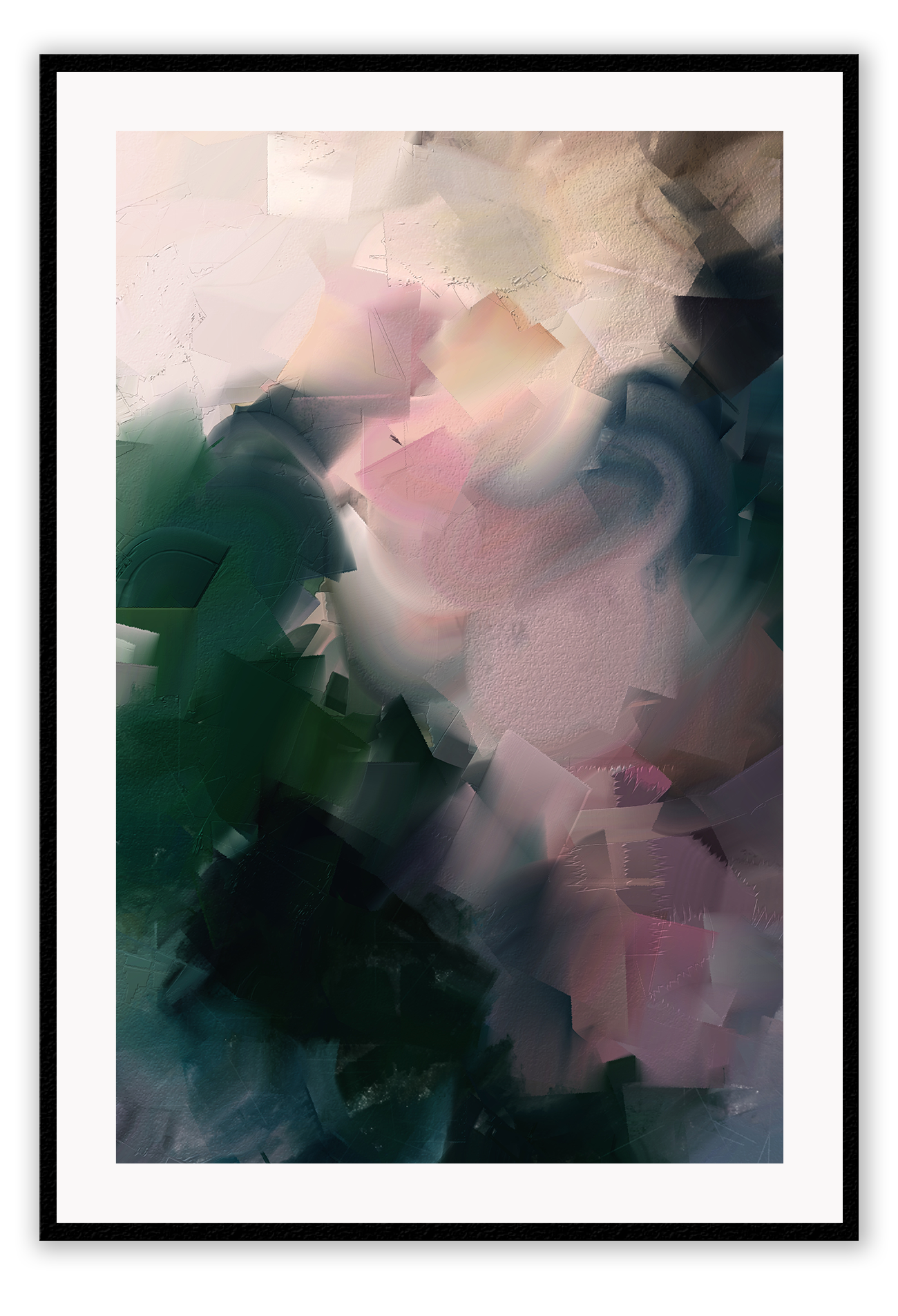 Abstract art print in brushtroke texture with darker green tones on the bottom fading into lighter blush tones at the top.