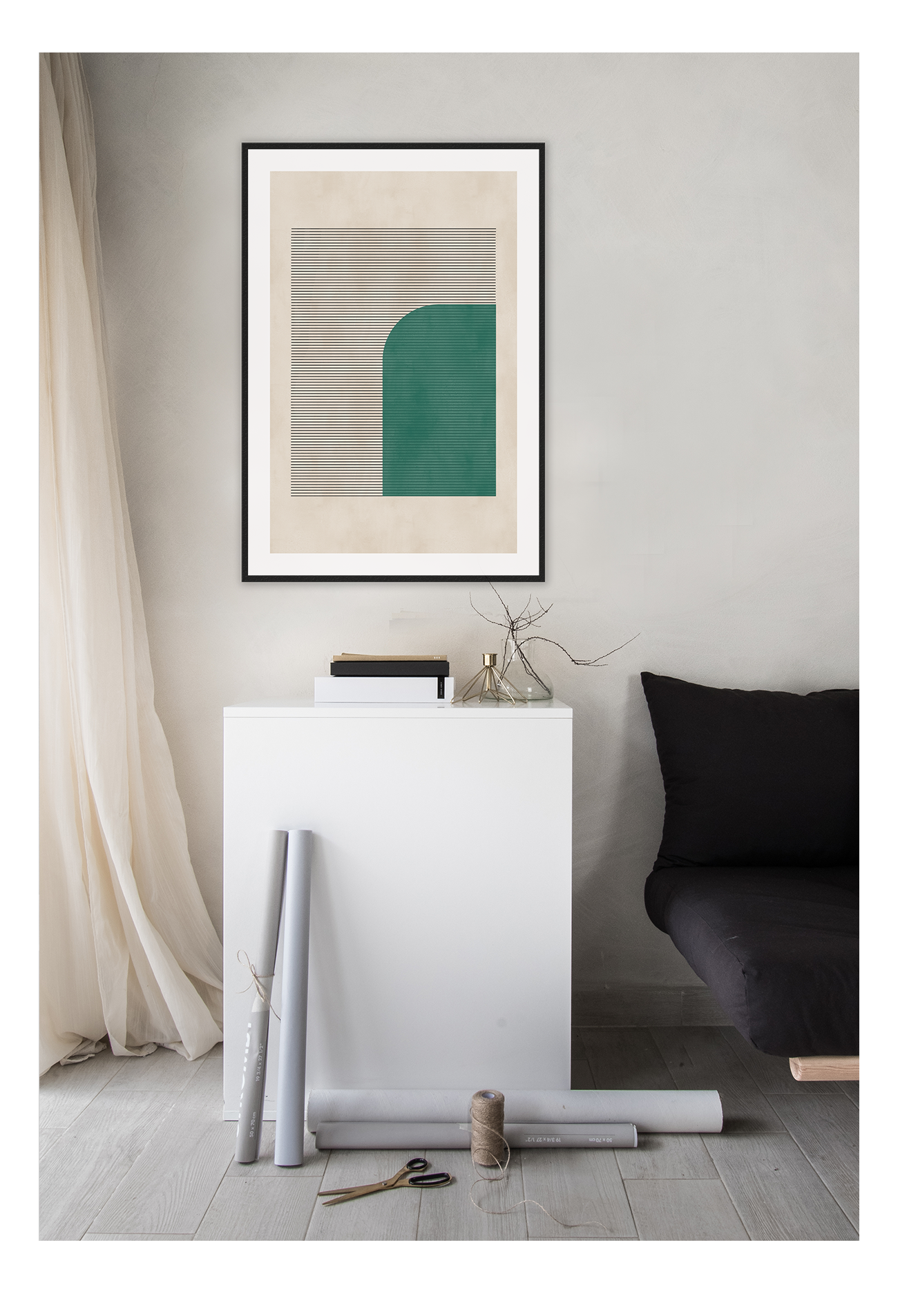 Minimal print with abstract emerald green shape and small horizontal lines on a textured beige background 