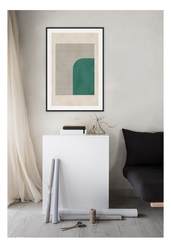 Minimal print with abstract emerald green shape and small horizontal lines on a textured beige background 