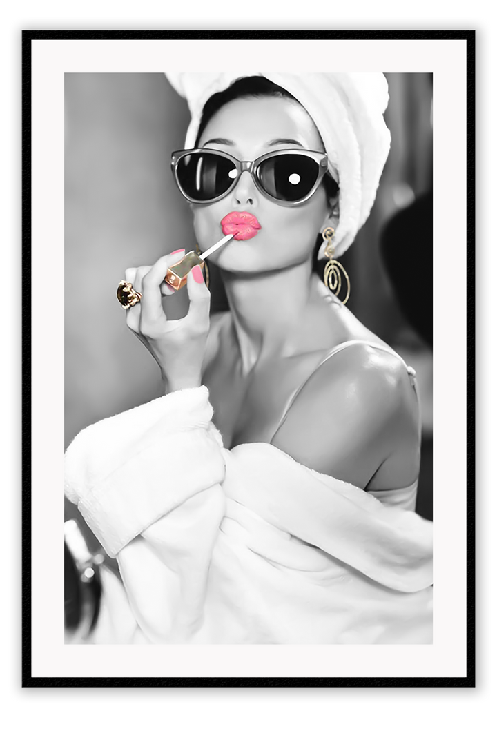Black and white wall art print of a glamorous woman applying pink lipstick, wearing sunglasses and towel wrap — pop art photography style