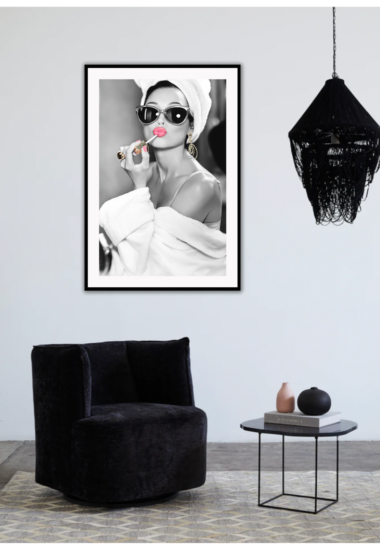 Black and white wall art print of a glamorous woman applying pink lipstick, wearing sunglasses and towel wrap — pop art photography style