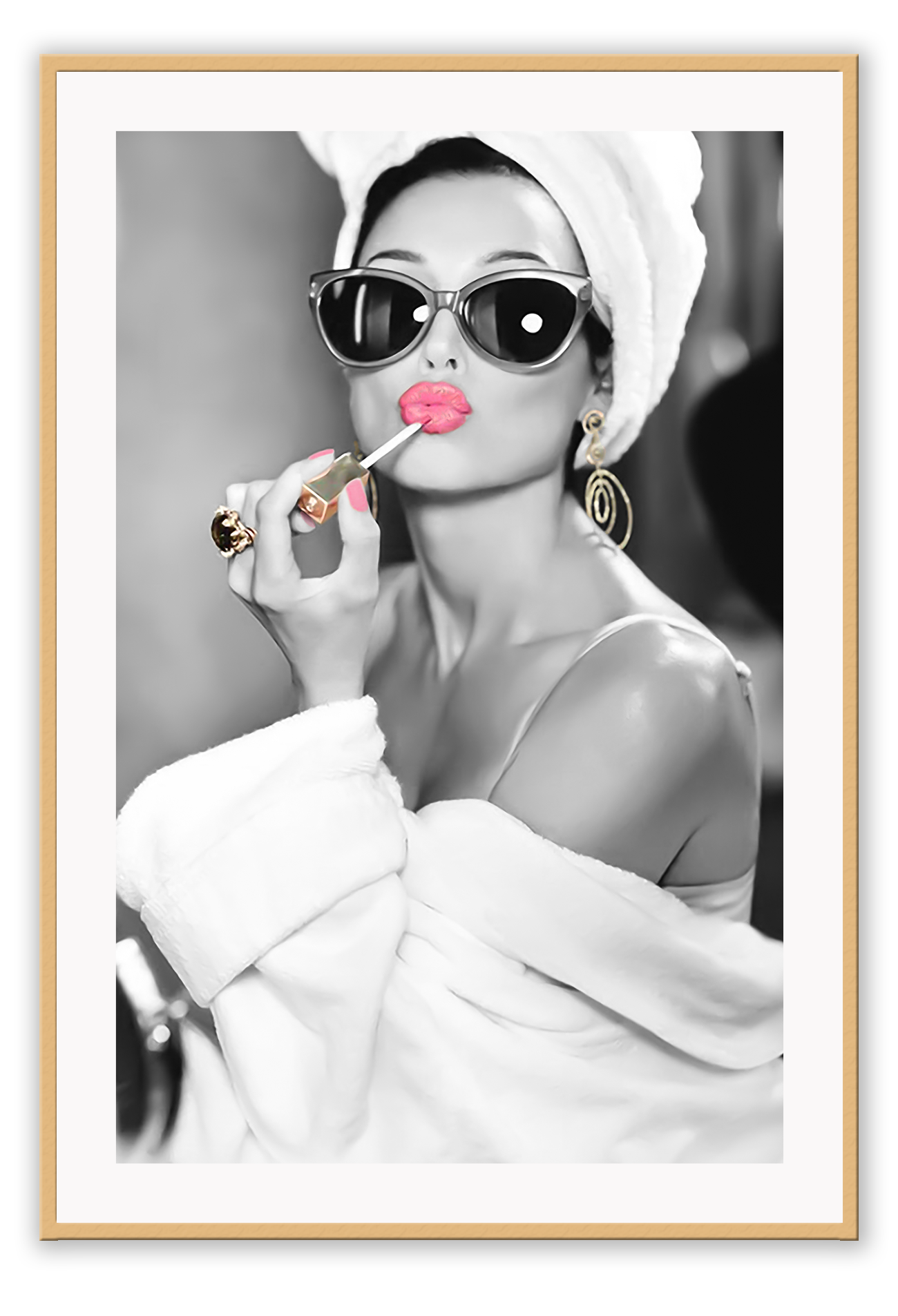 Black and white wall art print of a glamorous woman applying pink lipstick, wearing sunglasses and towel wrap — pop art photography style