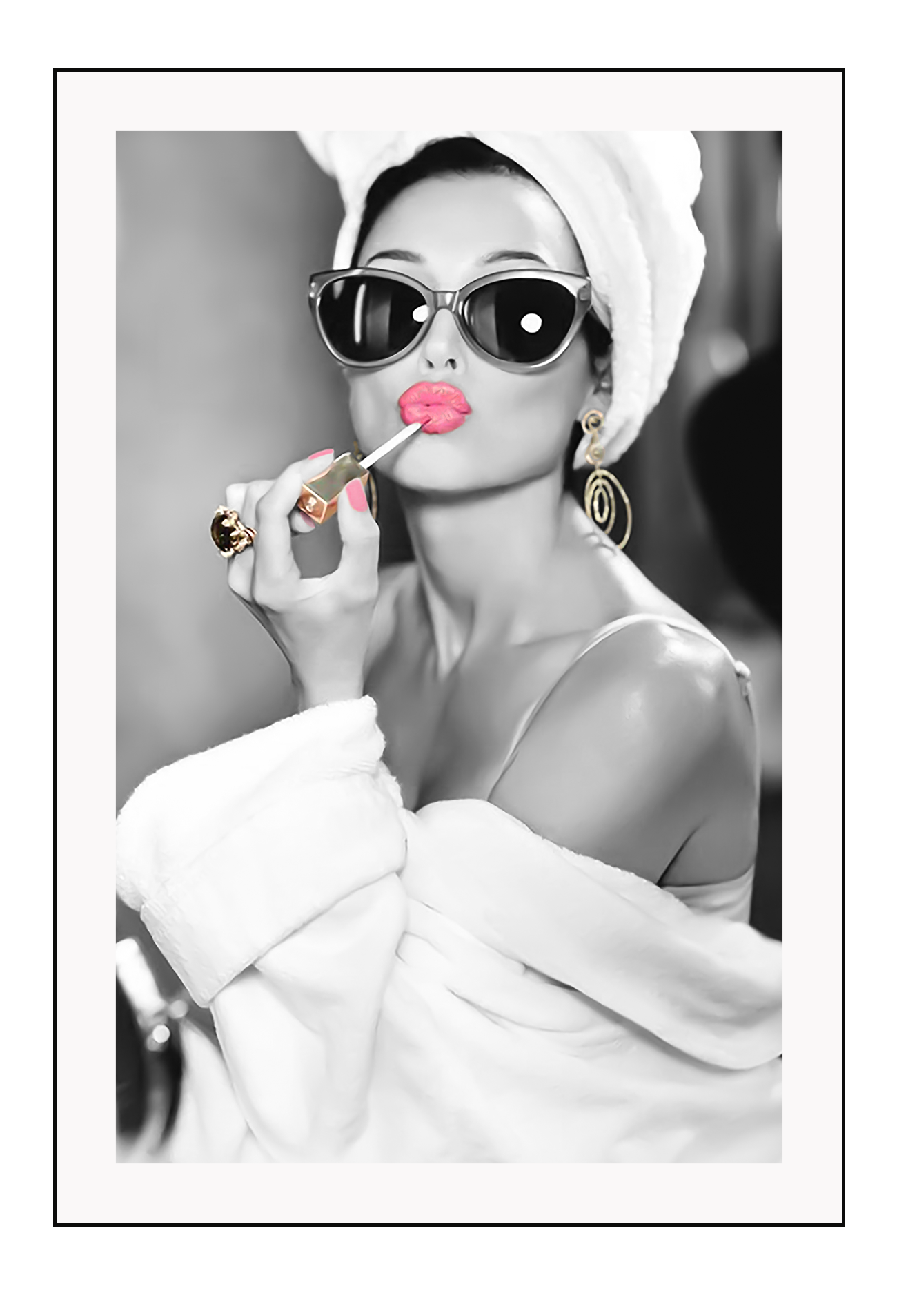 Black and white wall art print of a glamorous woman applying pink lipstick, wearing sunglasses and towel wrap — pop art photography style