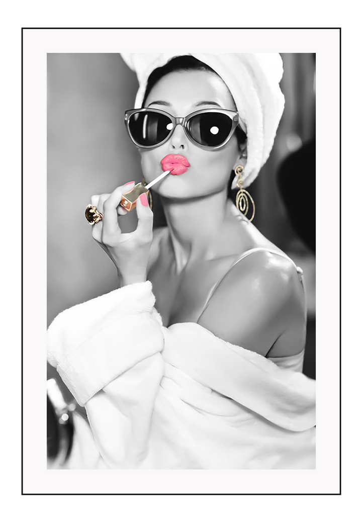 Black and white wall art print of a glamorous woman applying pink lipstick, wearing sunglasses and towel wrap — pop art photography style