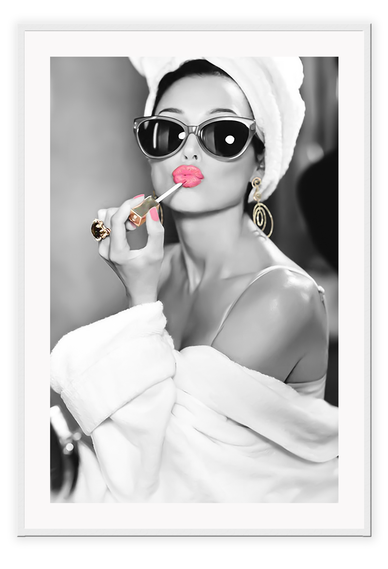 Black and white wall art print of a glamorous woman applying pink lipstick, wearing sunglasses and towel wrap — pop art photography style