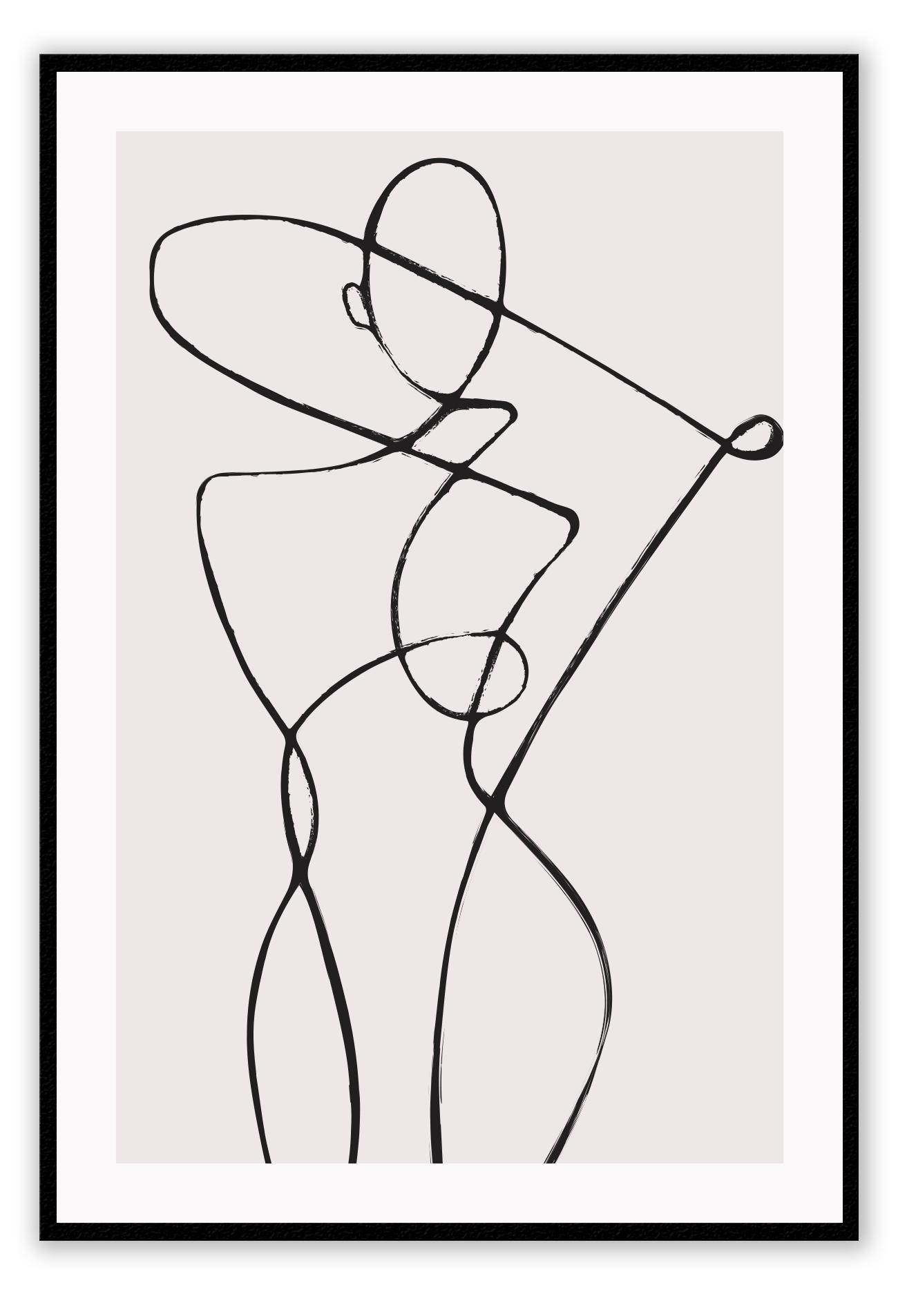Line art print with black line creating female silhouette on a light pink background  