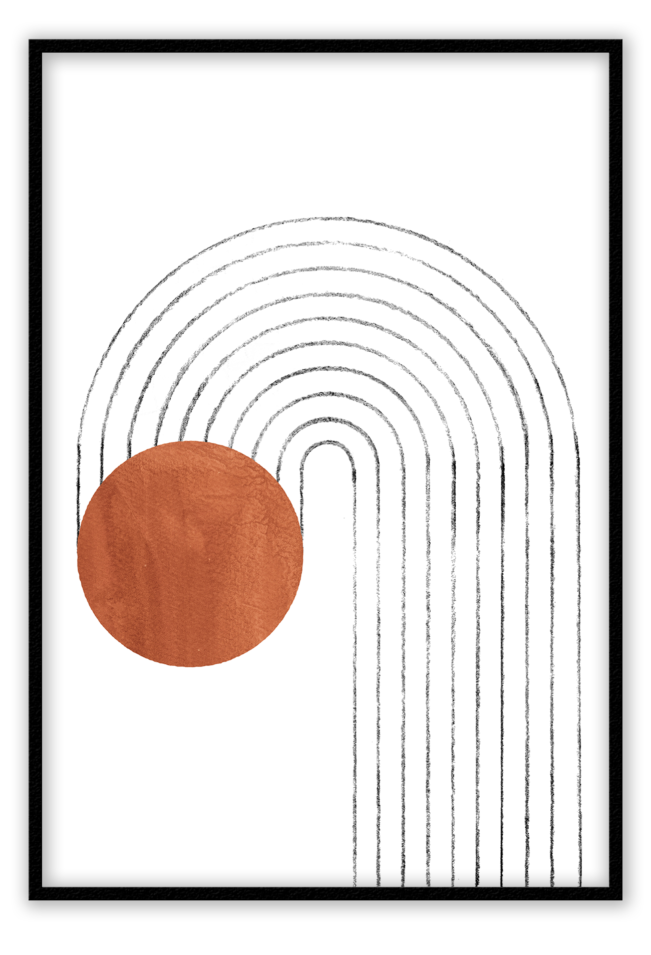 Scandi modern style print portrait landscape grey lines arch rust circle water textured white background.
