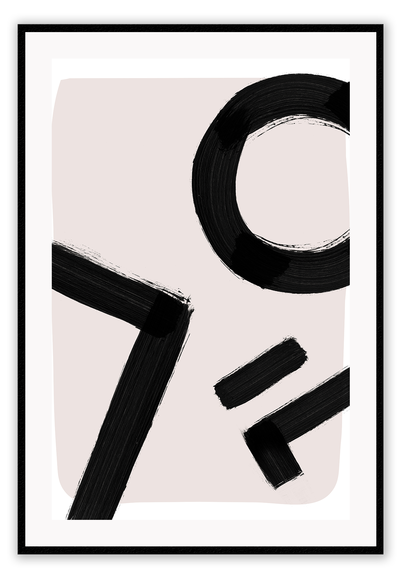 An abstract wall art with black ink brush lines on pink and white background.