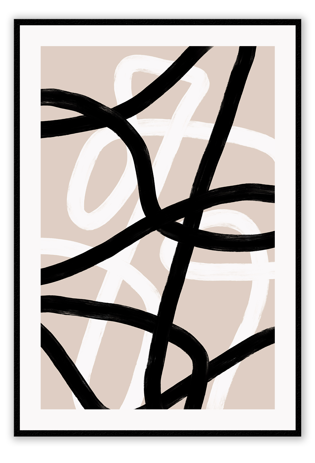 An abstract minimal wall art with black and white stripes lines on pink background