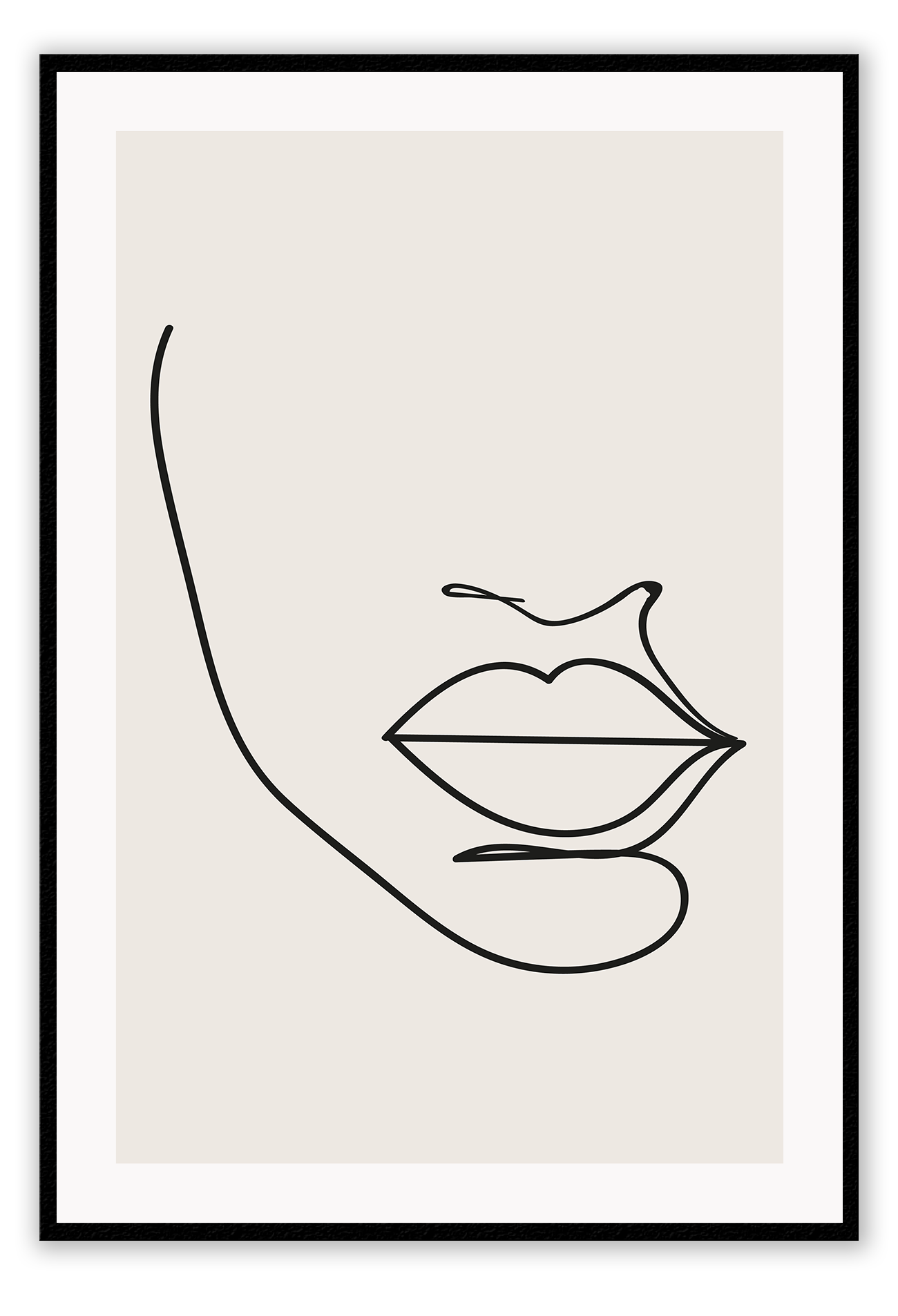 Abstract line art minimal print portrait mouth face black outline on beige background