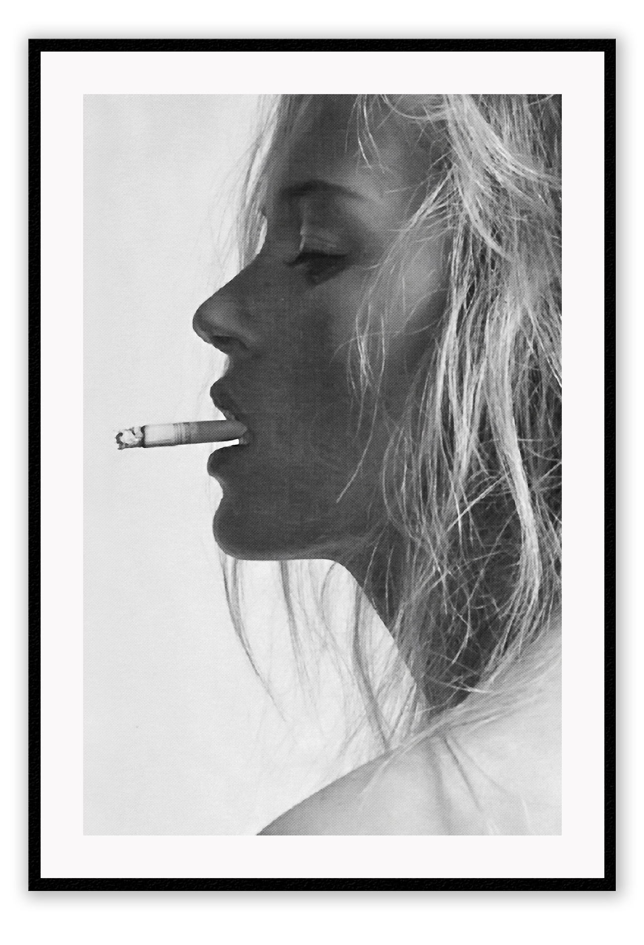 A black and white fashion  photographic wall art with iconic 90s model Kate Moss smoking cigarette.