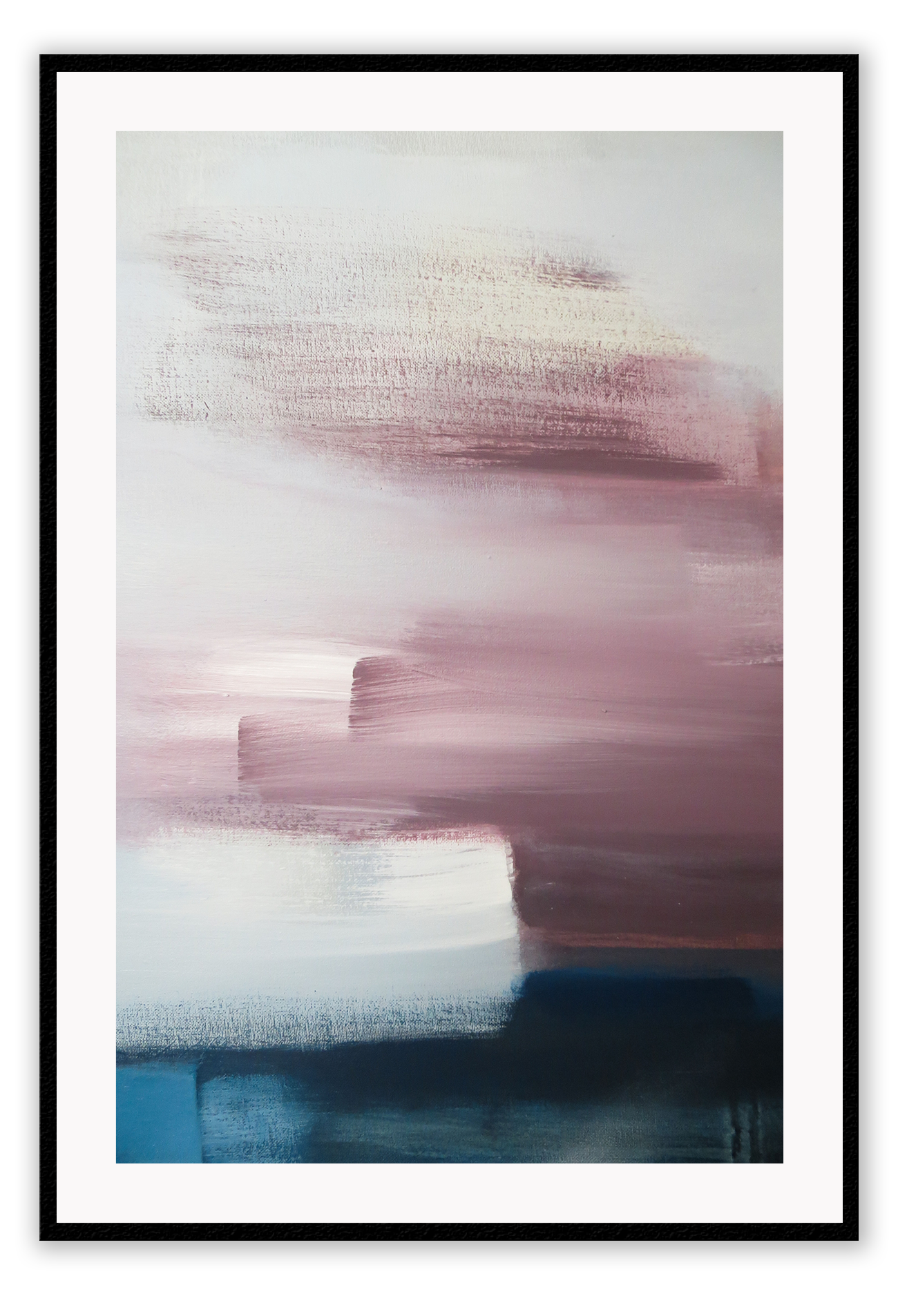 An abstract wall art with white, pink, navy, grey acrylic brushes. 