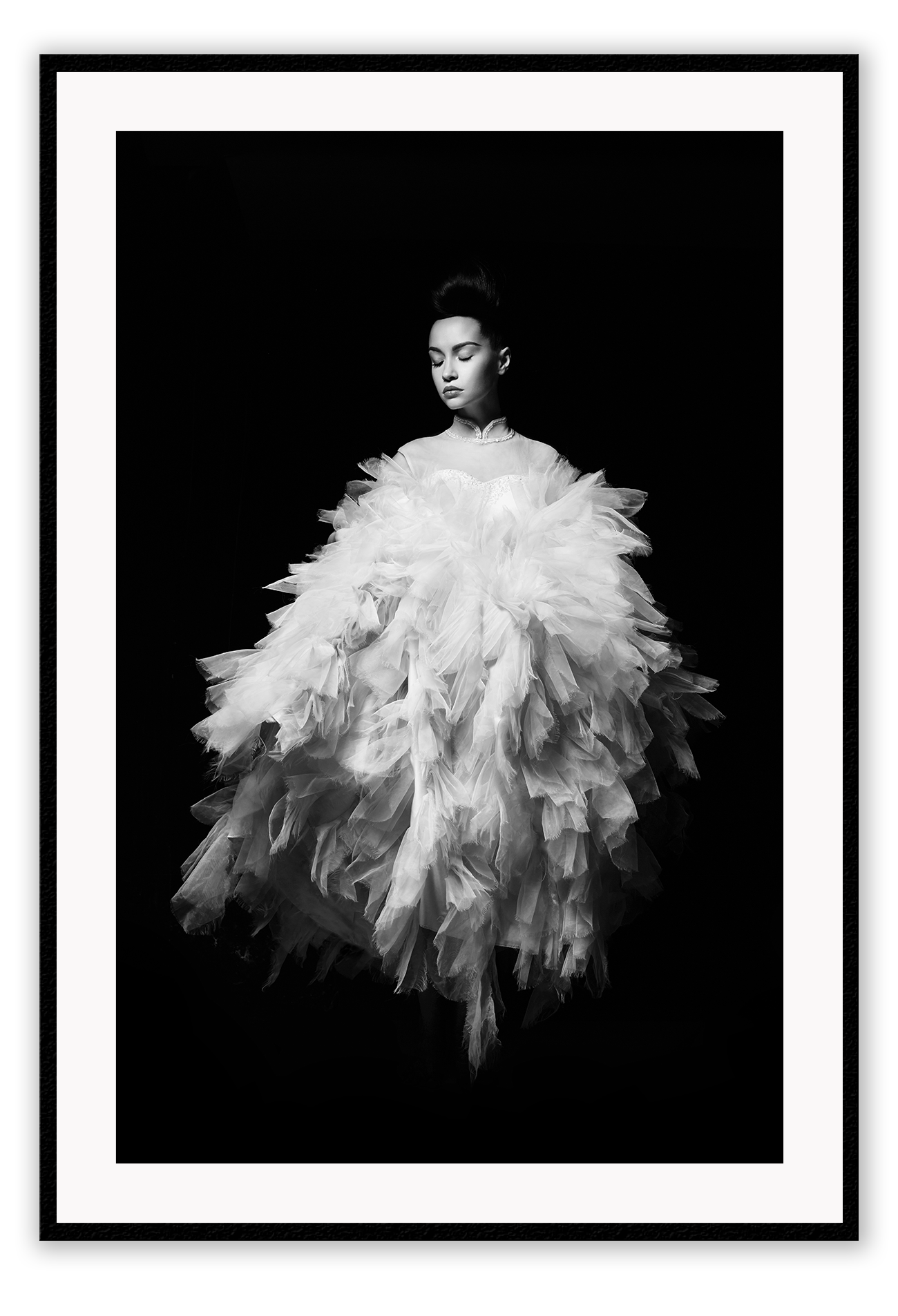 Fashion print with woman in white dress floating on a black background  