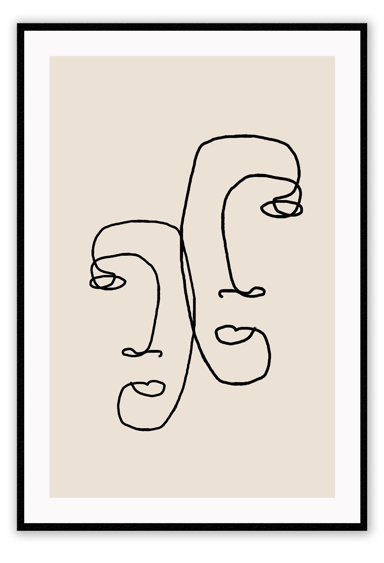 Abstract print line art faces two black line beige background modern simple minimal