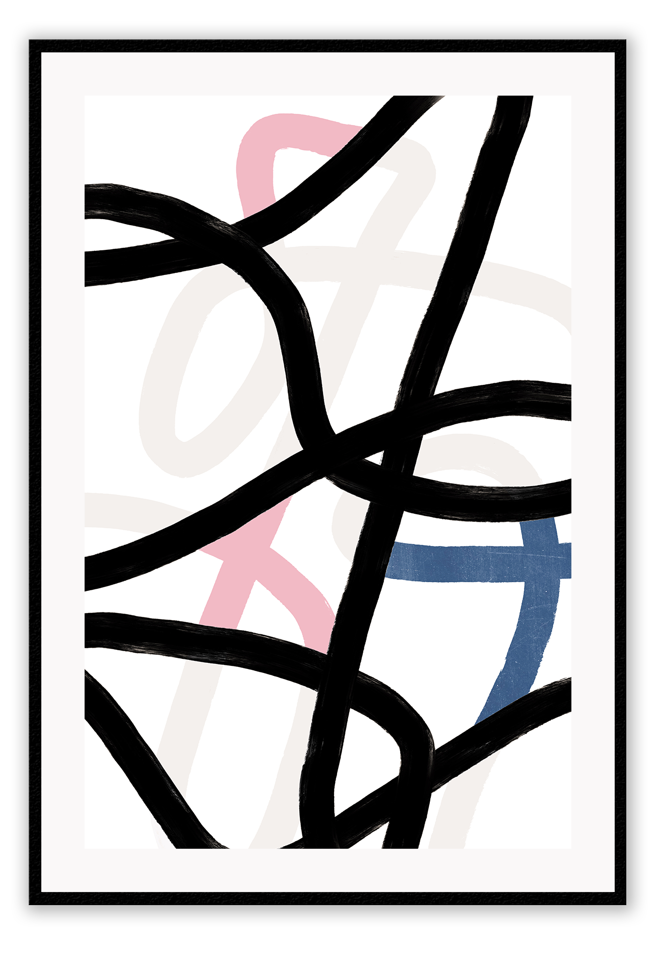 Abstract art print with blush, navy, black and neutral tones with squiggle lines randomly placed 