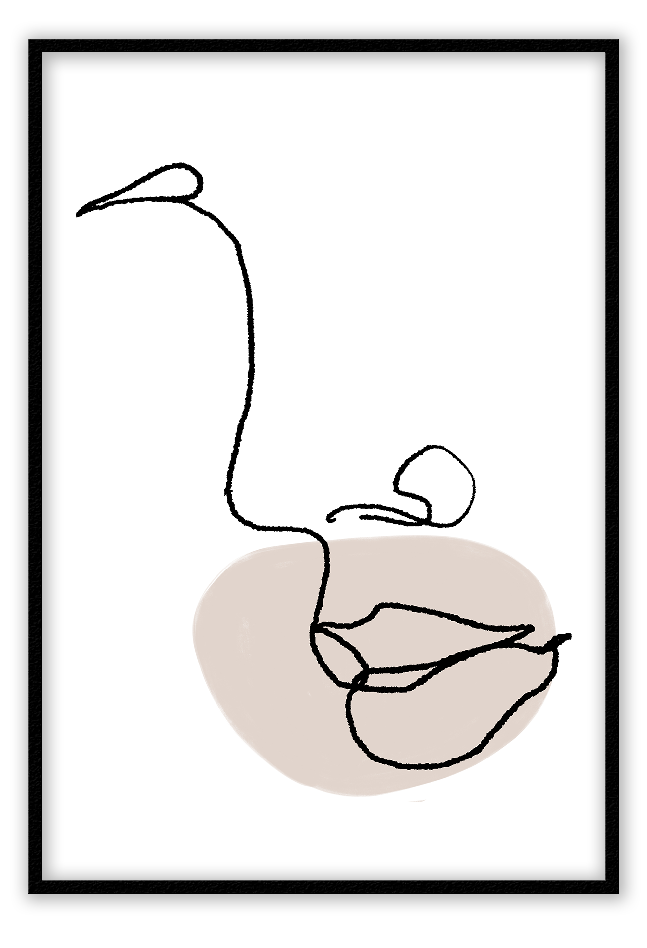 Line art abstract modern profile face white background with black outline and nude circle around lips