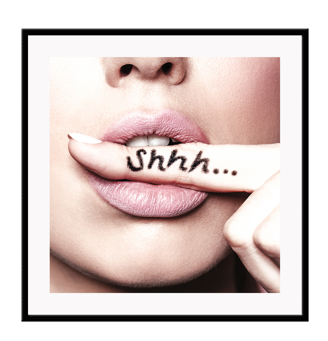 A fashion wall art with a sexy woman biting her finger saying shhh be quiet. 