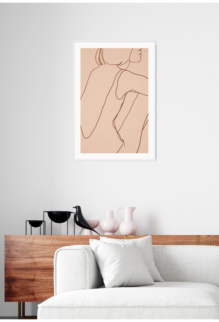 Line art of girl sitting with brown background and dark brown line art