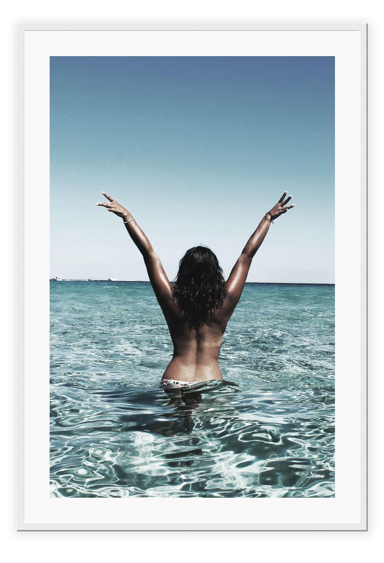 Photography fashion woman tan in water nude sexy back facing camera freedom beach 