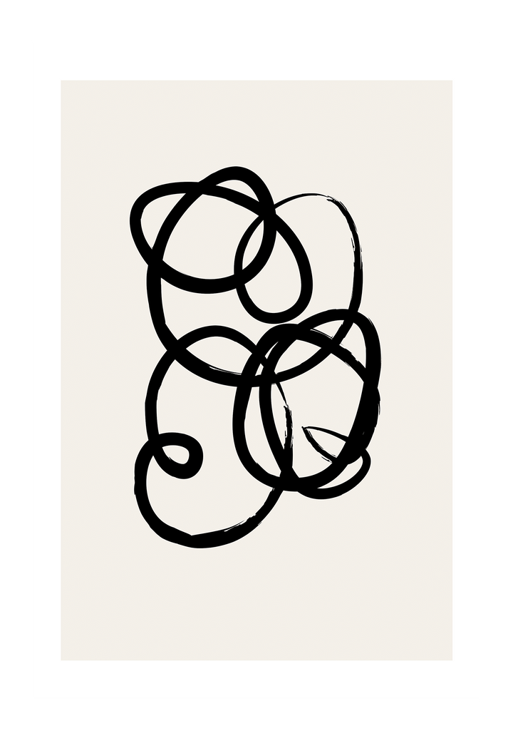 Abstract black and white squiggle print with textured black line and cream background 