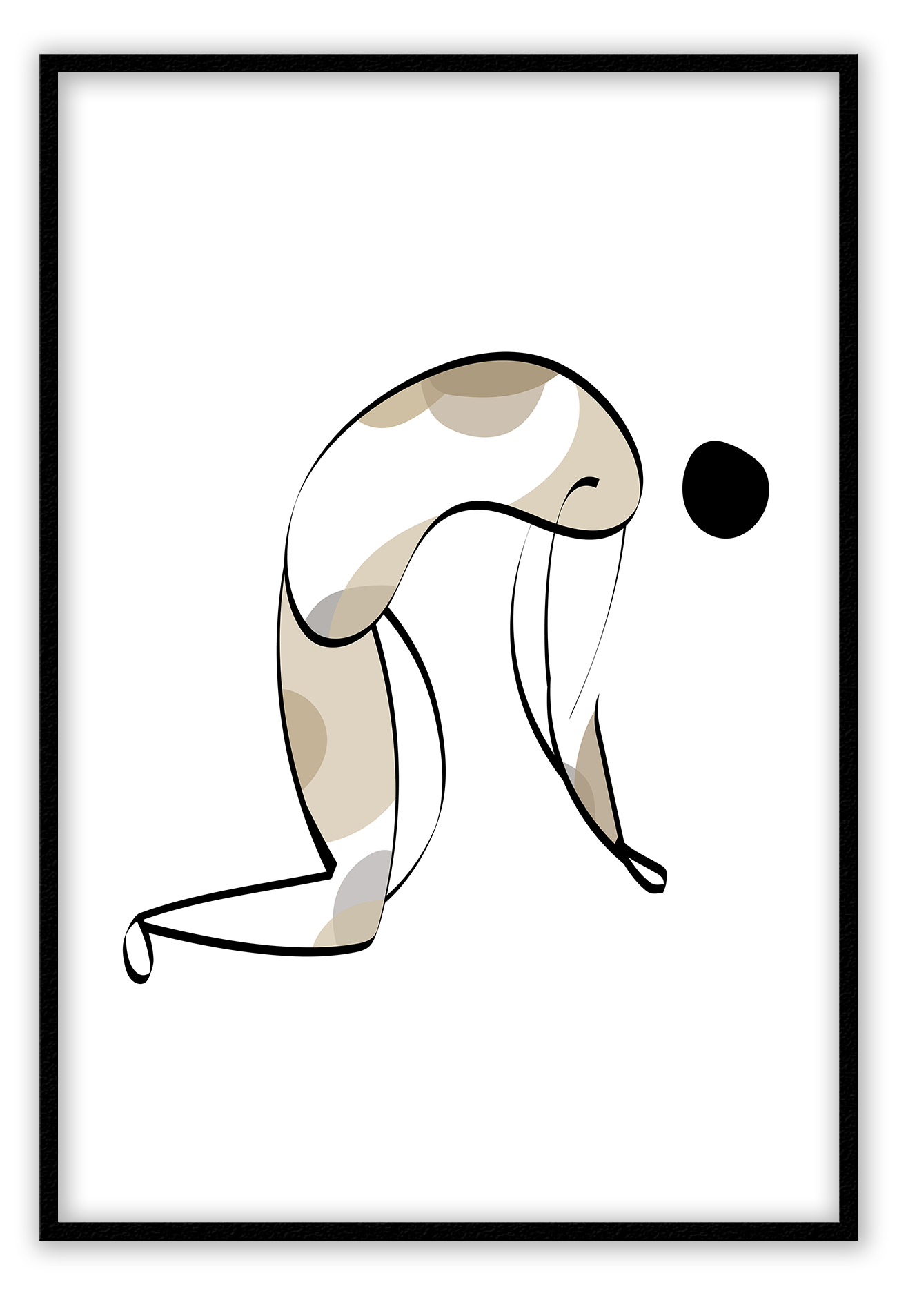 Abstract print with black the outline of a person bending over filled in with grey and beige round shapes on a plain white background.