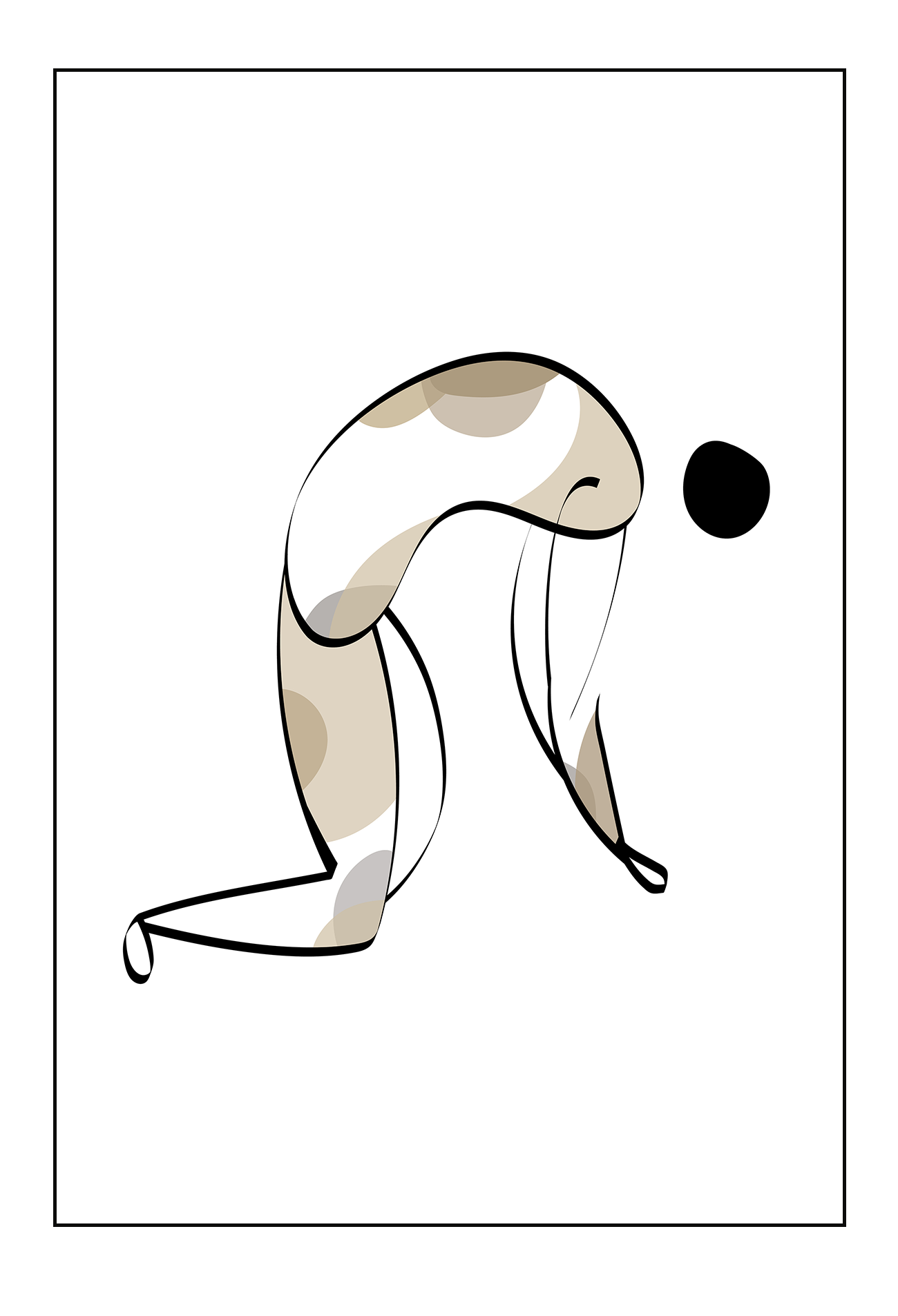 Abstract print with black the outline of a person bending over filled in with grey and beige round shapes on a plain white background.