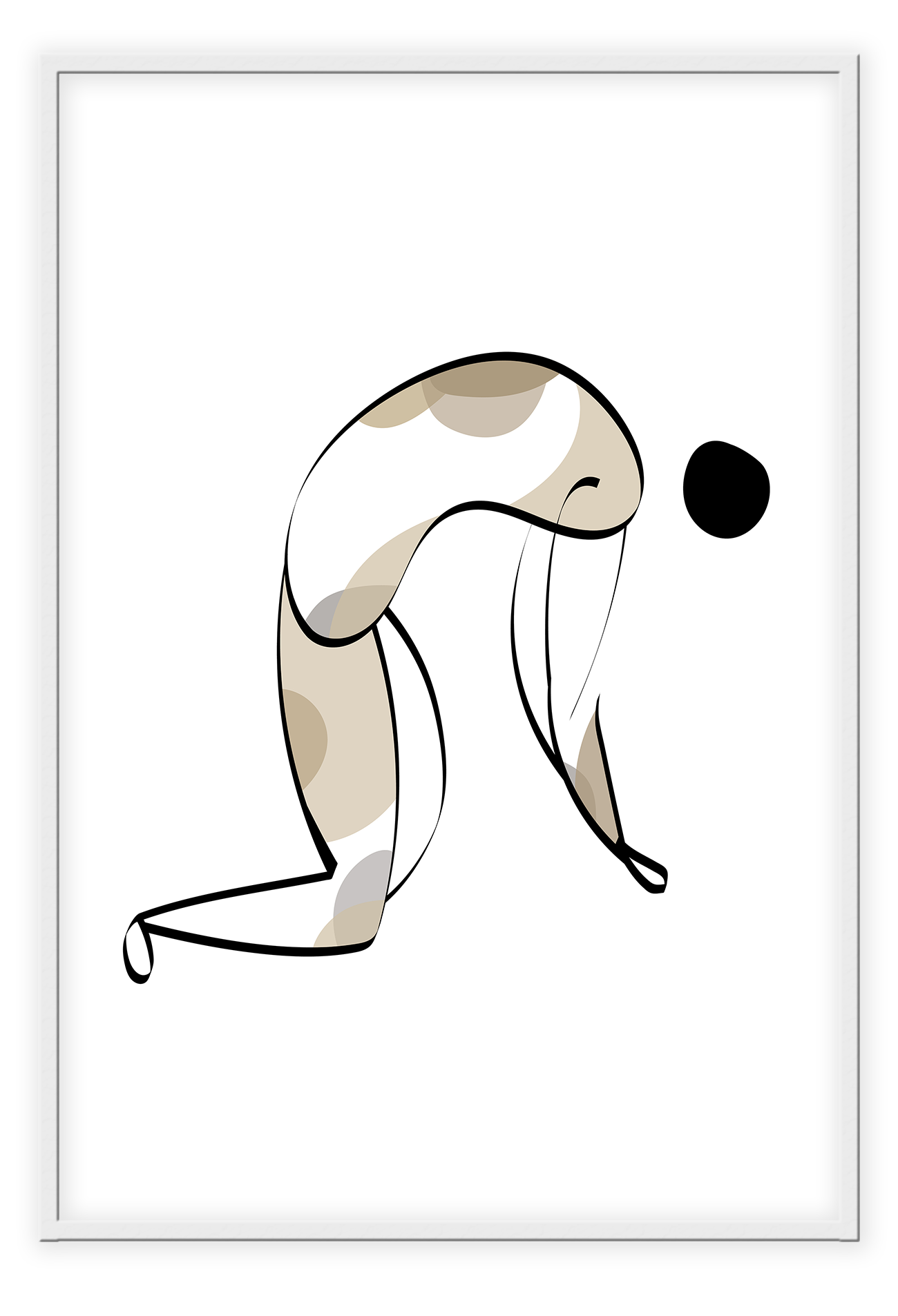 Abstract print with black the outline of a person bending over filled in with grey and beige round shapes on a plain white background.