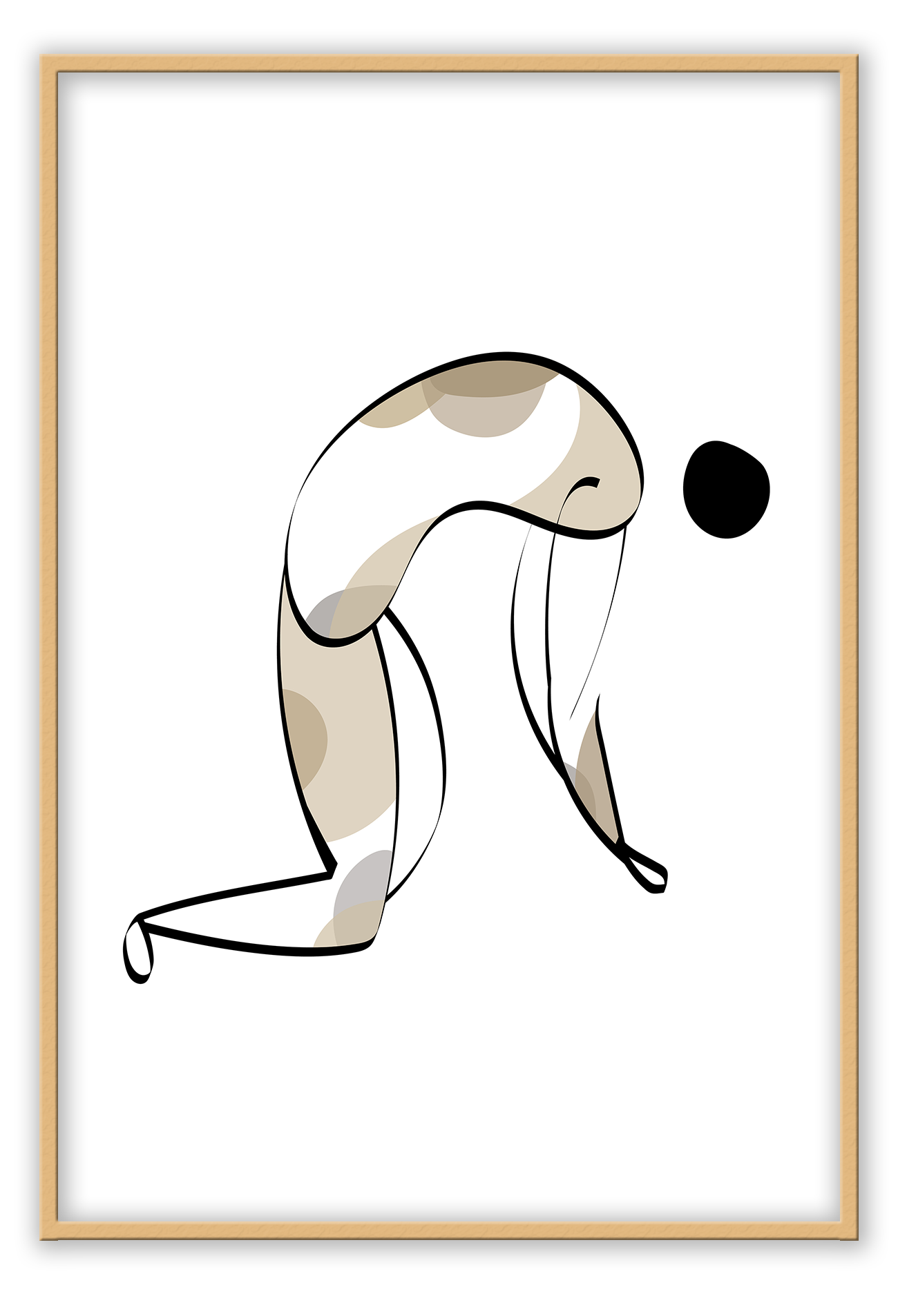 Abstract print with black the outline of a person bending over filled in with grey and beige round shapes on a plain white background.