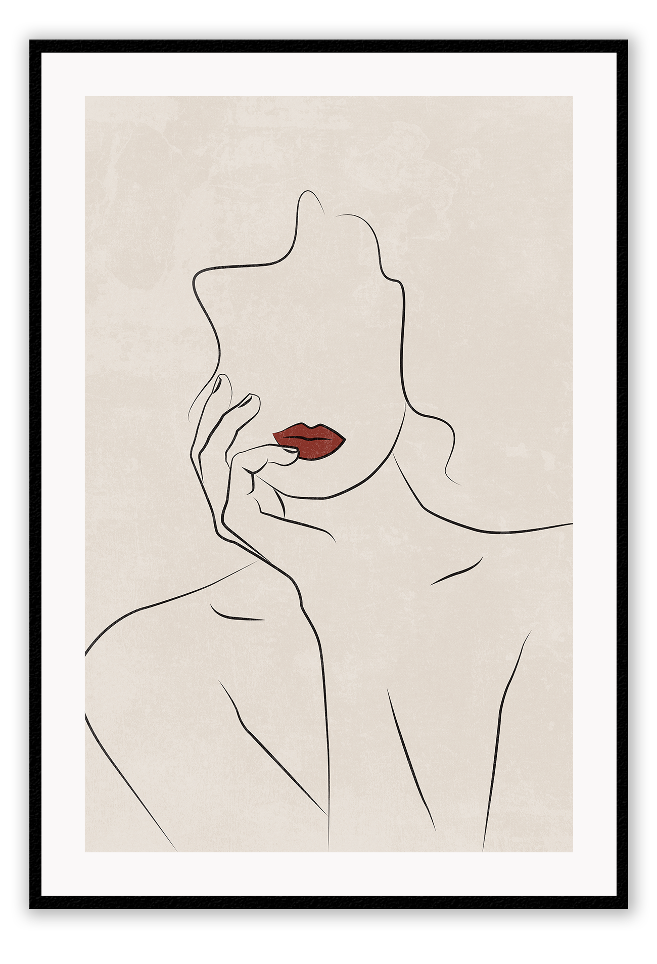 Portrait line art print woman outline black nude red lips beige textured background