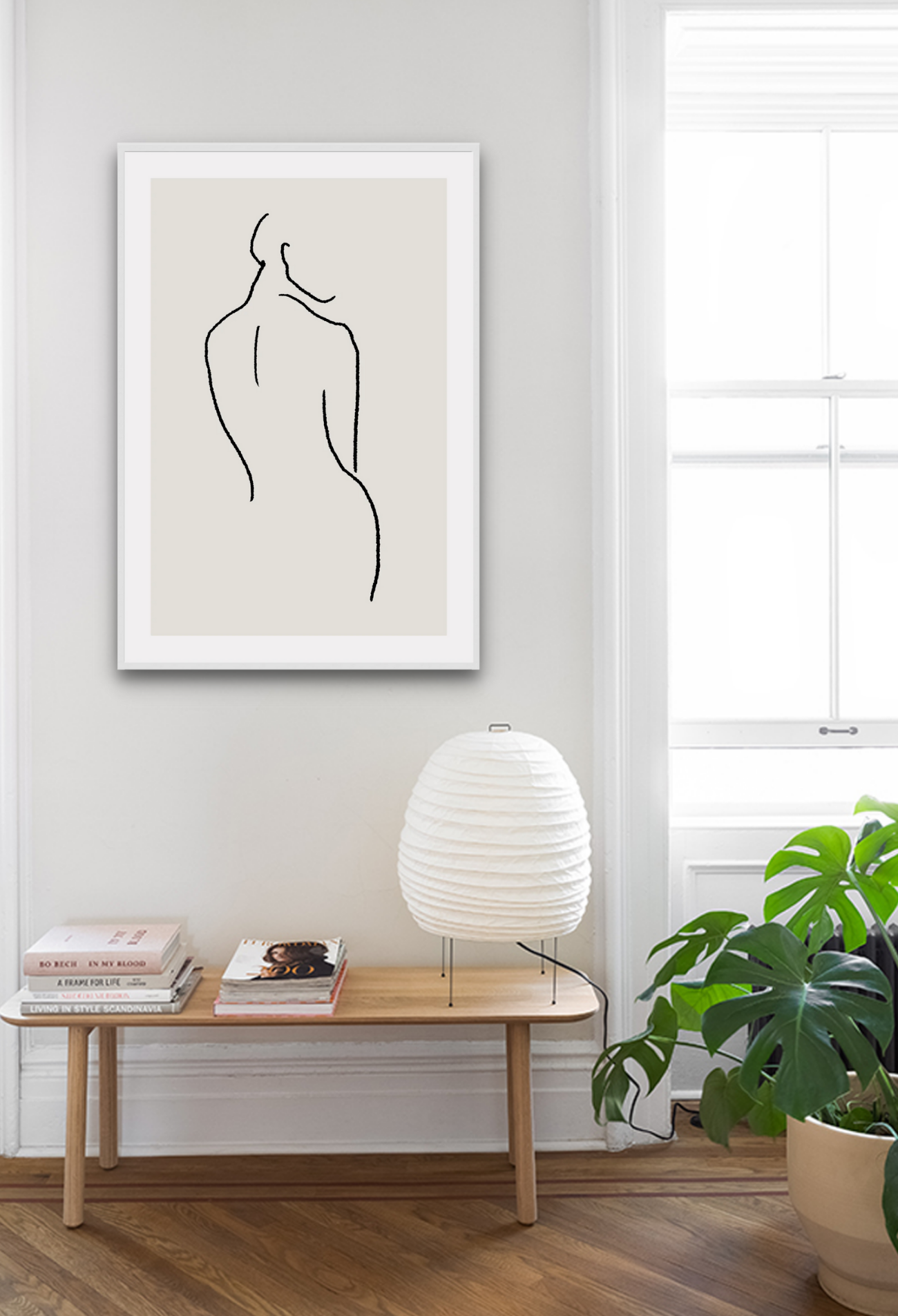 Modern line art sketch print woman portrait outline body bedroom lady shape black line cream background.