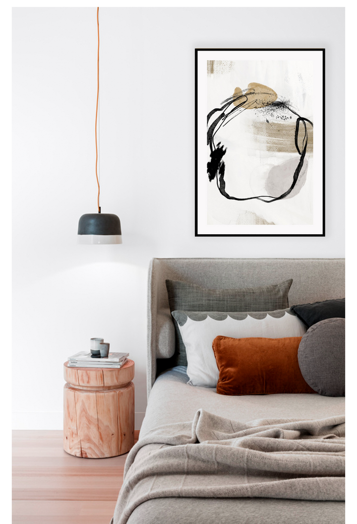 Subtle abstract line art, beige background with grey and brown brush stroke and black line rough crcle in centre