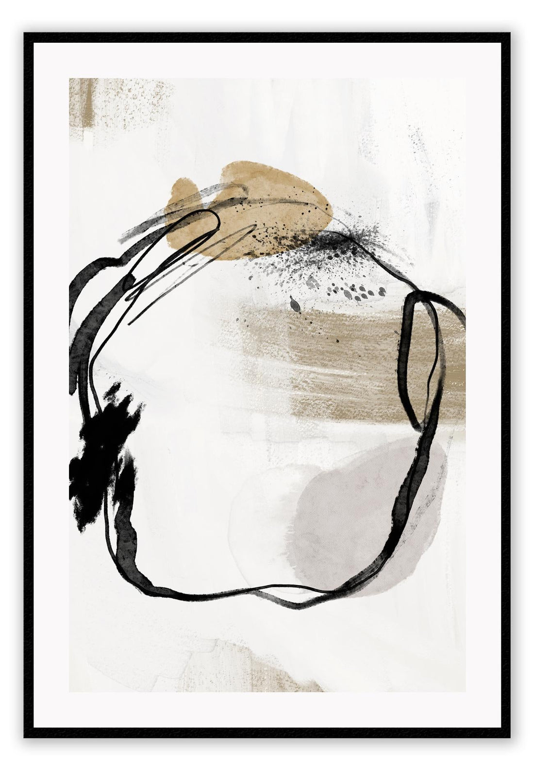 A framed abstract wall art print featuring beige and black colors with a circle orientation, displayed in a portrait orientation.