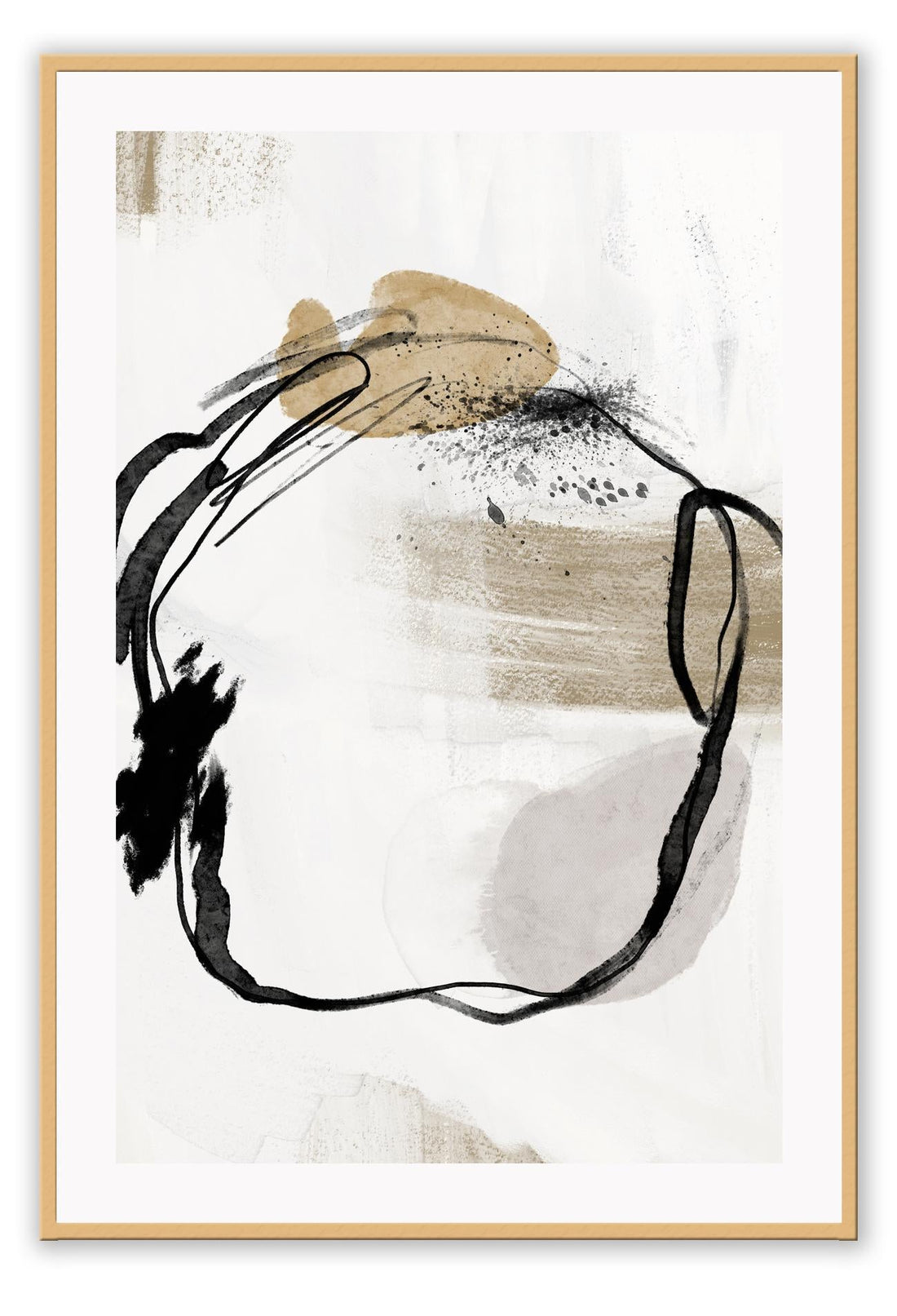 A framed abstract wall art print featuring beige and black colors with a circle orientation, displayed in a portrait orientation.