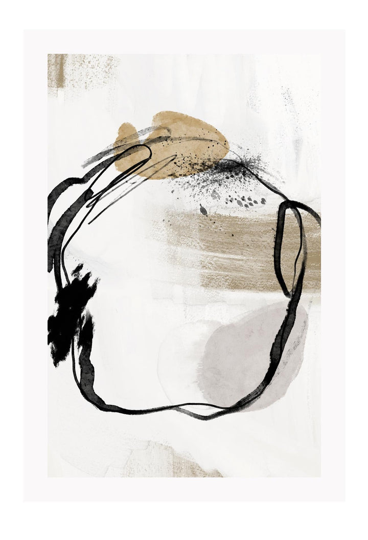 A framed abstract wall art print featuring beige and black colors with a circle orientation, displayed in a portrait orientation.