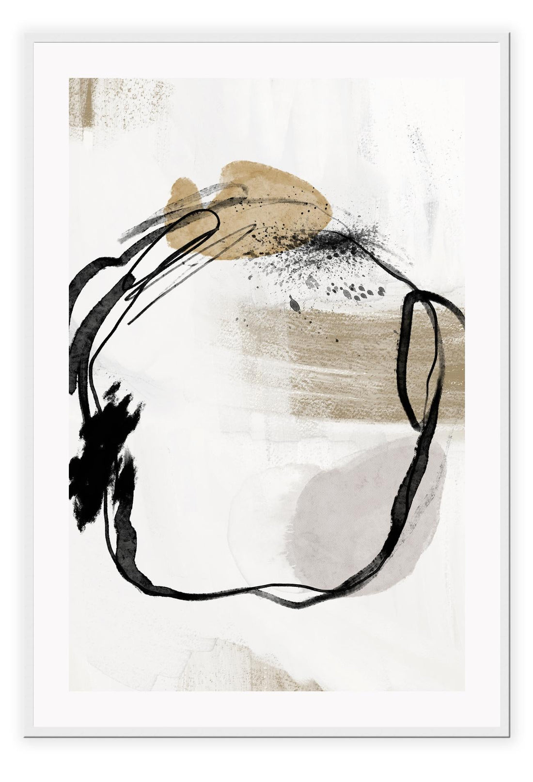 A framed abstract wall art print featuring beige and black colors with a circle orientation, displayed in a portrait orientation.