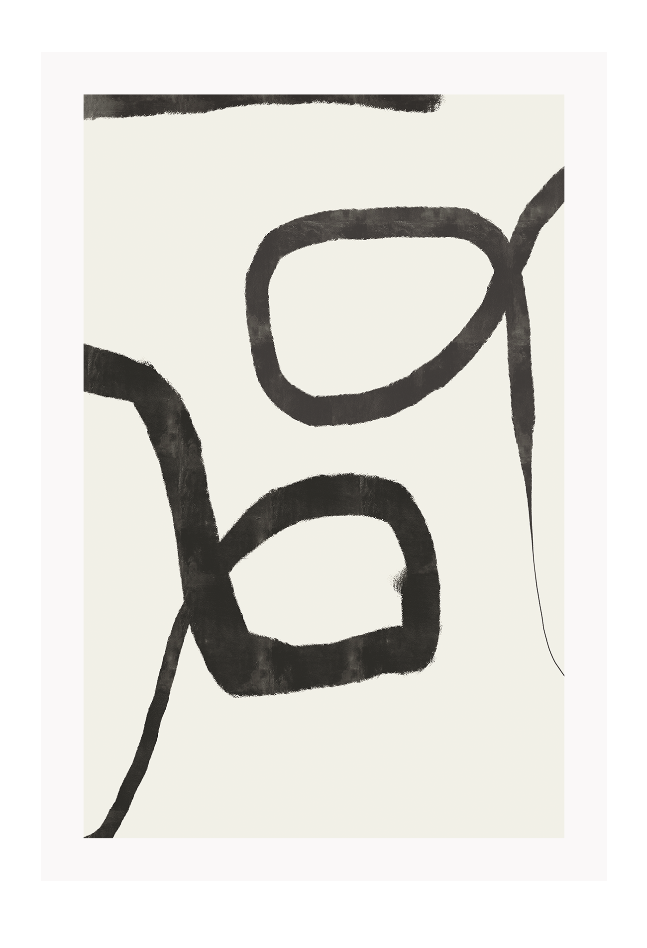 Minimalistic abstract print with two textured black lines forming two circles in the centre on an off-white background.