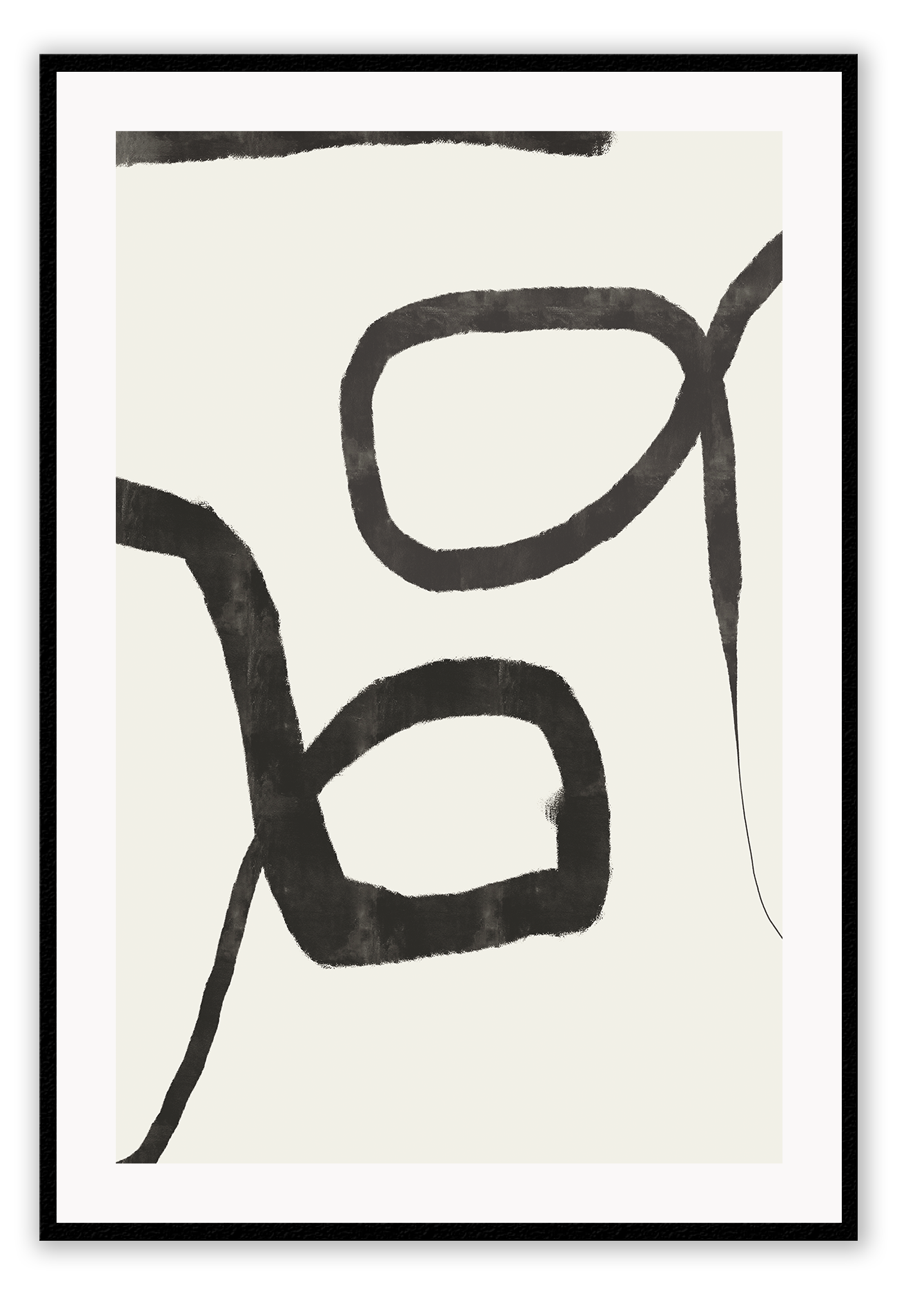 Minimalistic abstract print with two textured black lines forming two circles in the centre on an off-white background.