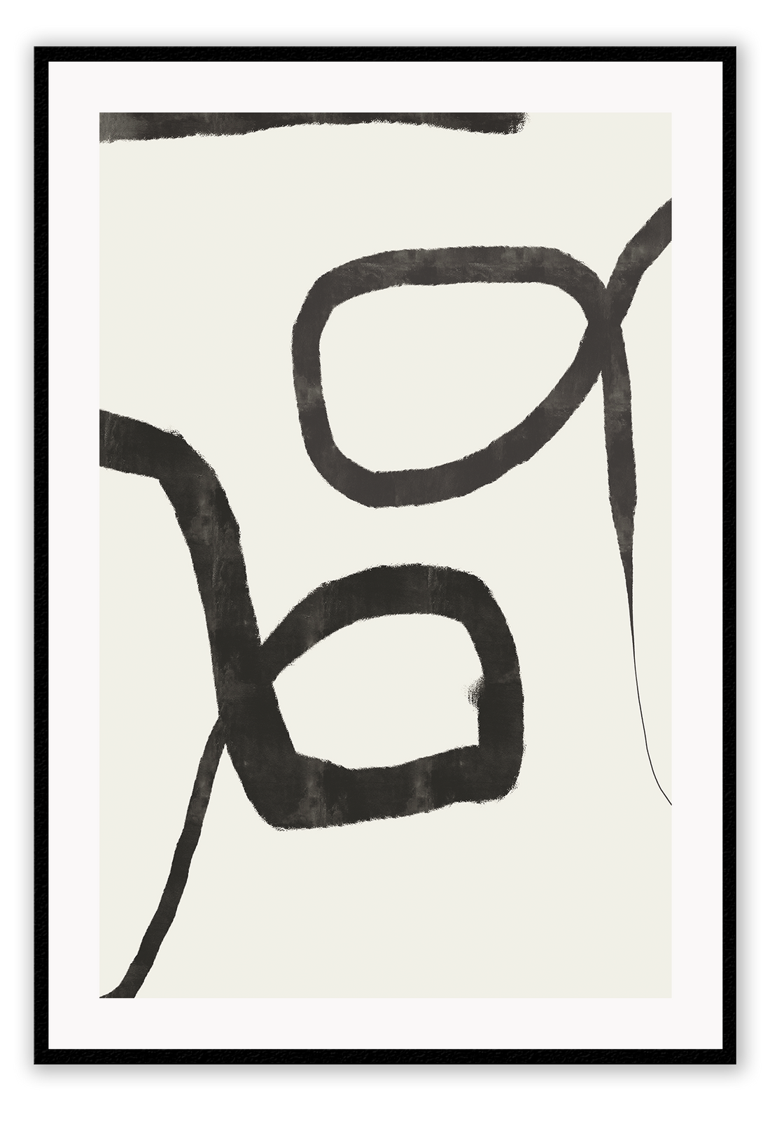 Minimalistic abstract print with two textured black lines forming two circles in the centre on an off-white background.