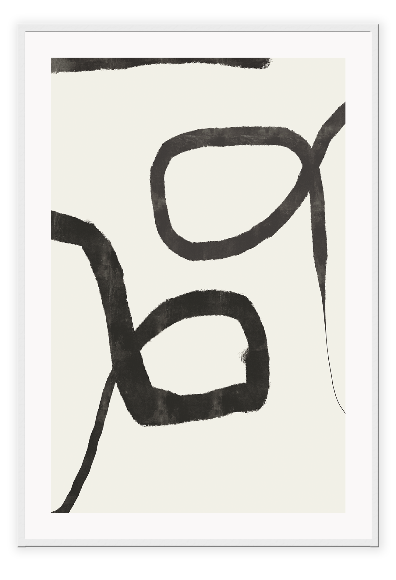 Minimalistic abstract print with two textured black lines forming two circles in the centre on an off-white background.