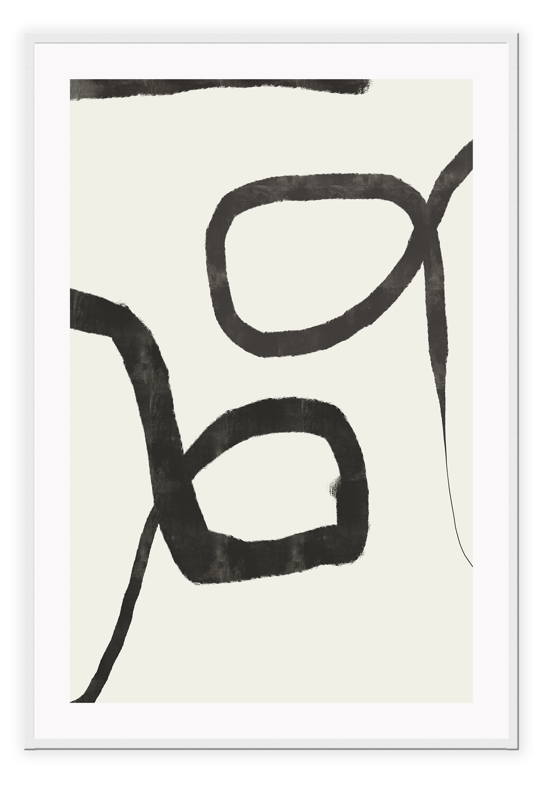 Minimalistic abstract print with two textured black lines forming two circles in the centre on an off-white background.