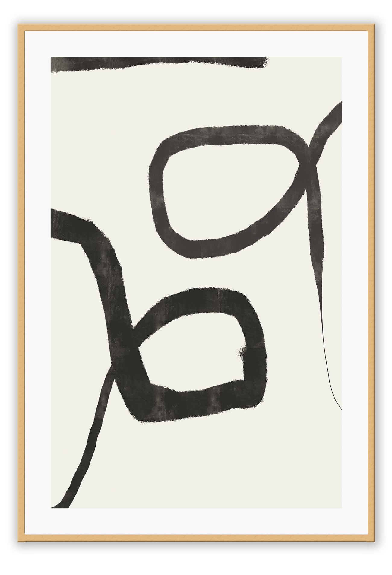 Minimalistic abstract print with two textured black lines forming two circles in the centre on an off-white background.