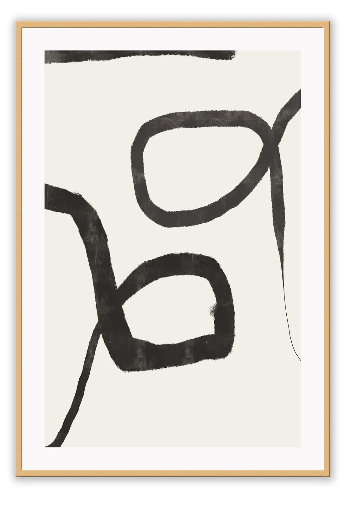 Minimalistic abstract print with two textured black lines forming two circles in the centre on an off-white background.