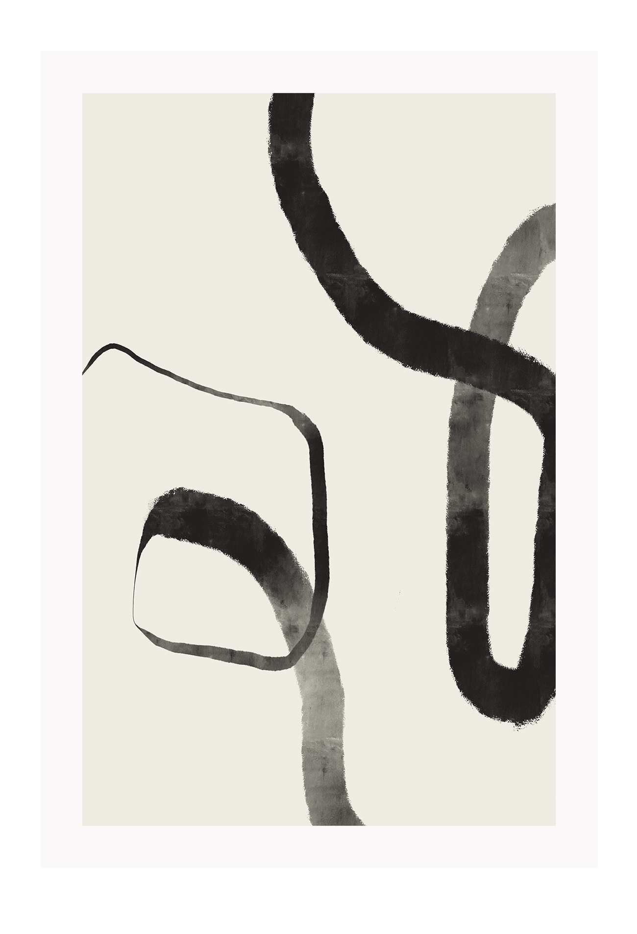 Minimalistic abstract print with two textured black lines forming two circles in the centre on an off-white background.