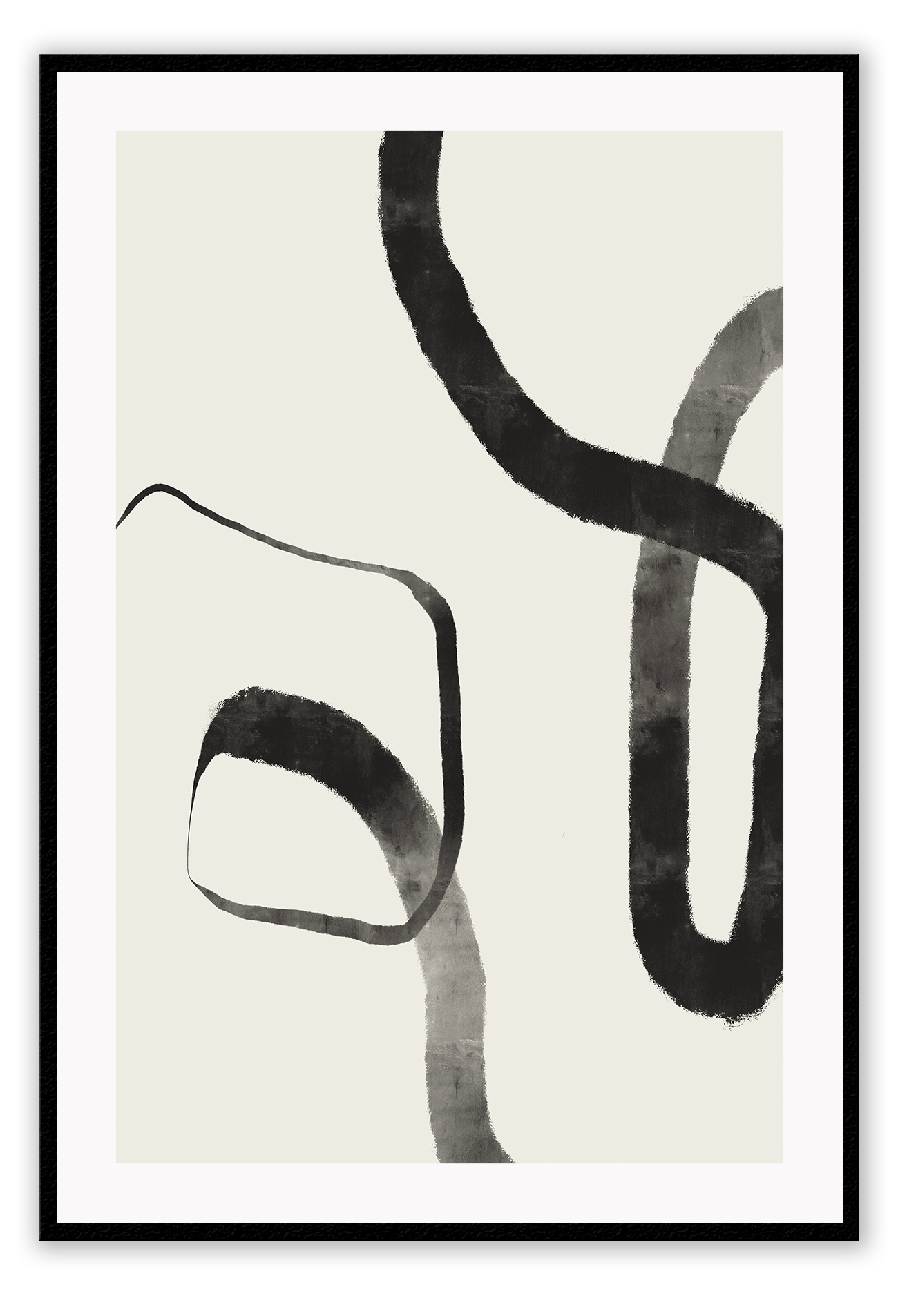 Minimalistic abstract print with two textured black lines forming two circles in the centre on an off-white background.