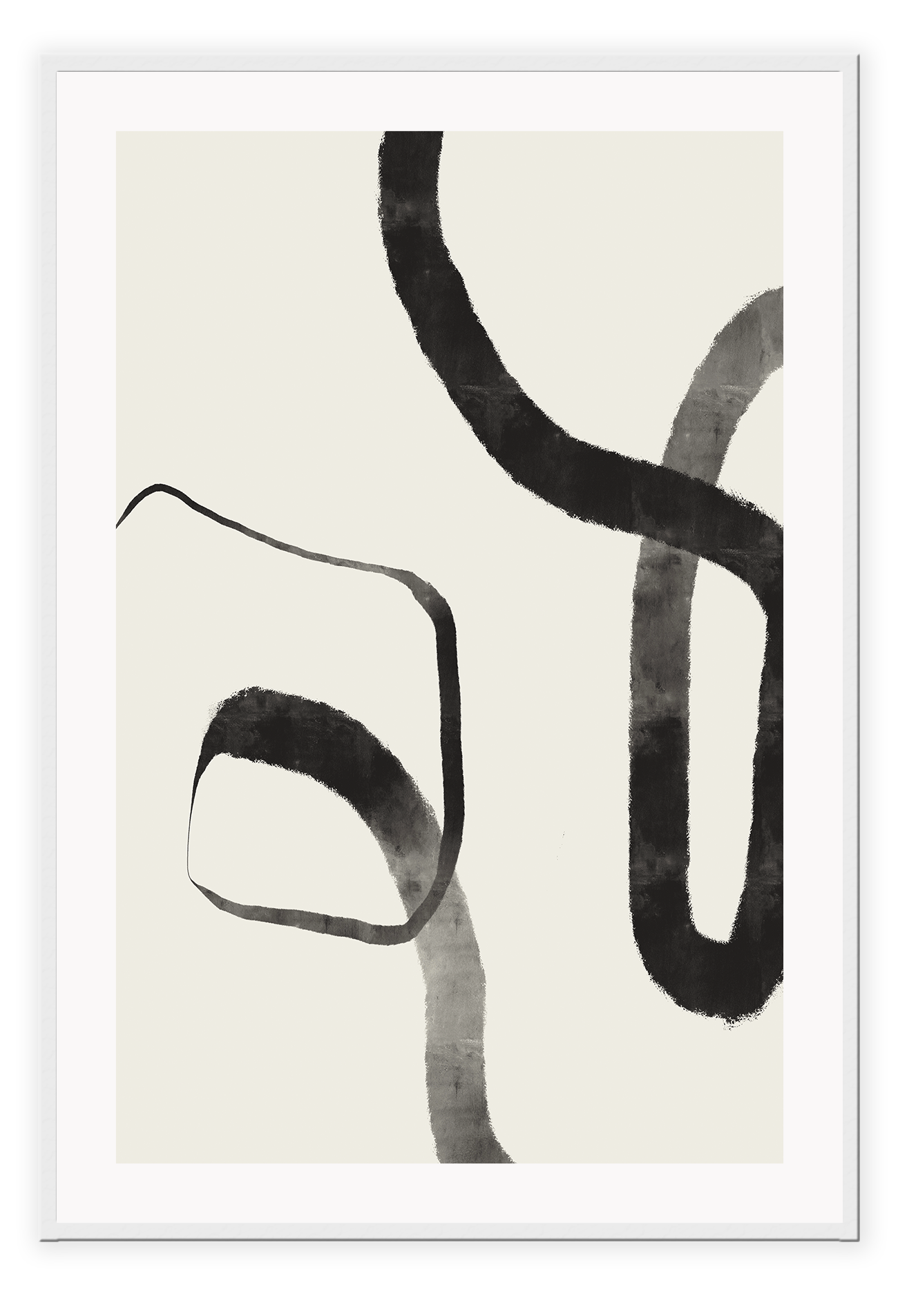 Minimalistic abstract print with two textured black lines forming two circles in the centre on an off-white background.