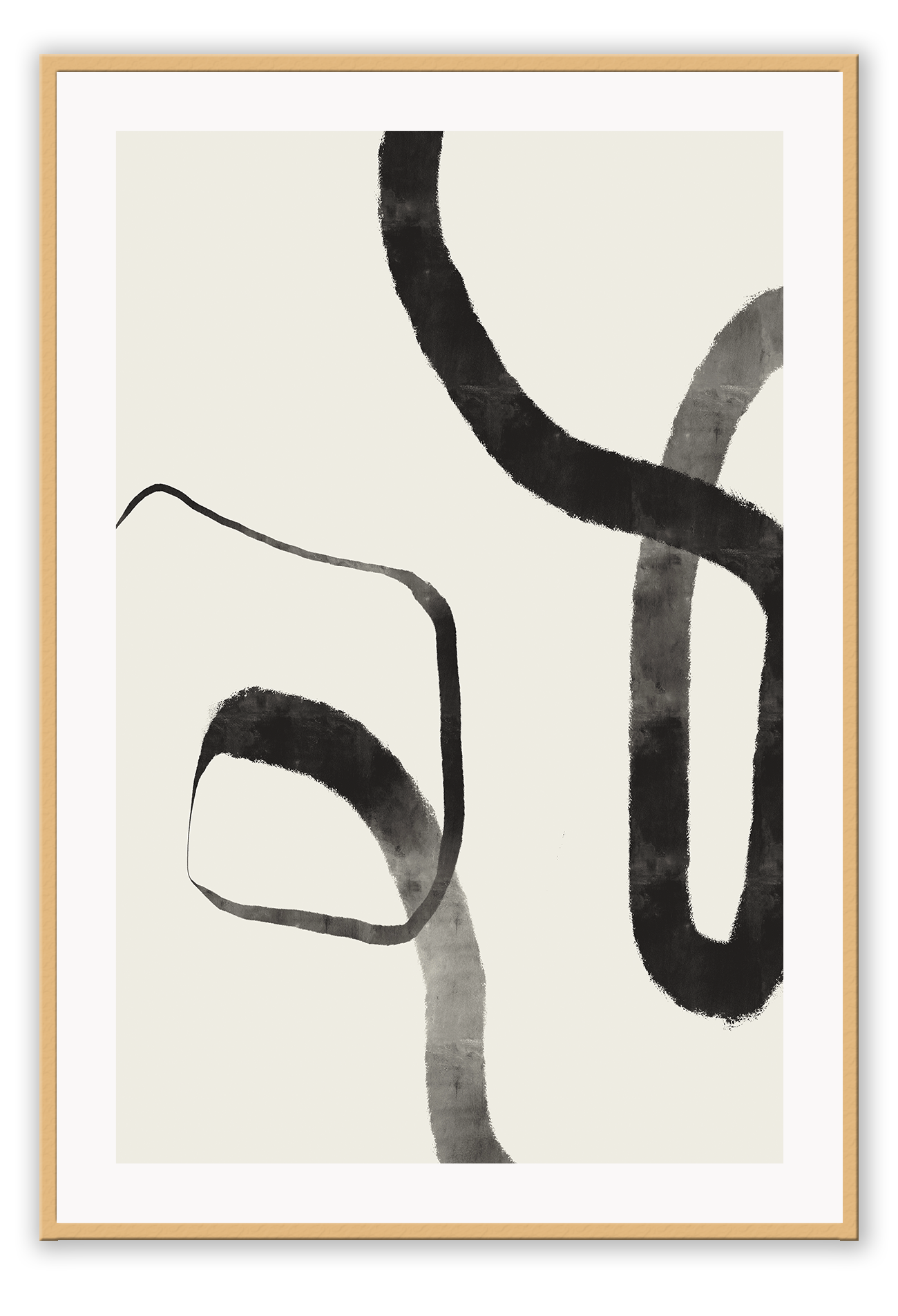 Minimalistic abstract print with two textured black lines forming two circles in the centre on an off-white background.