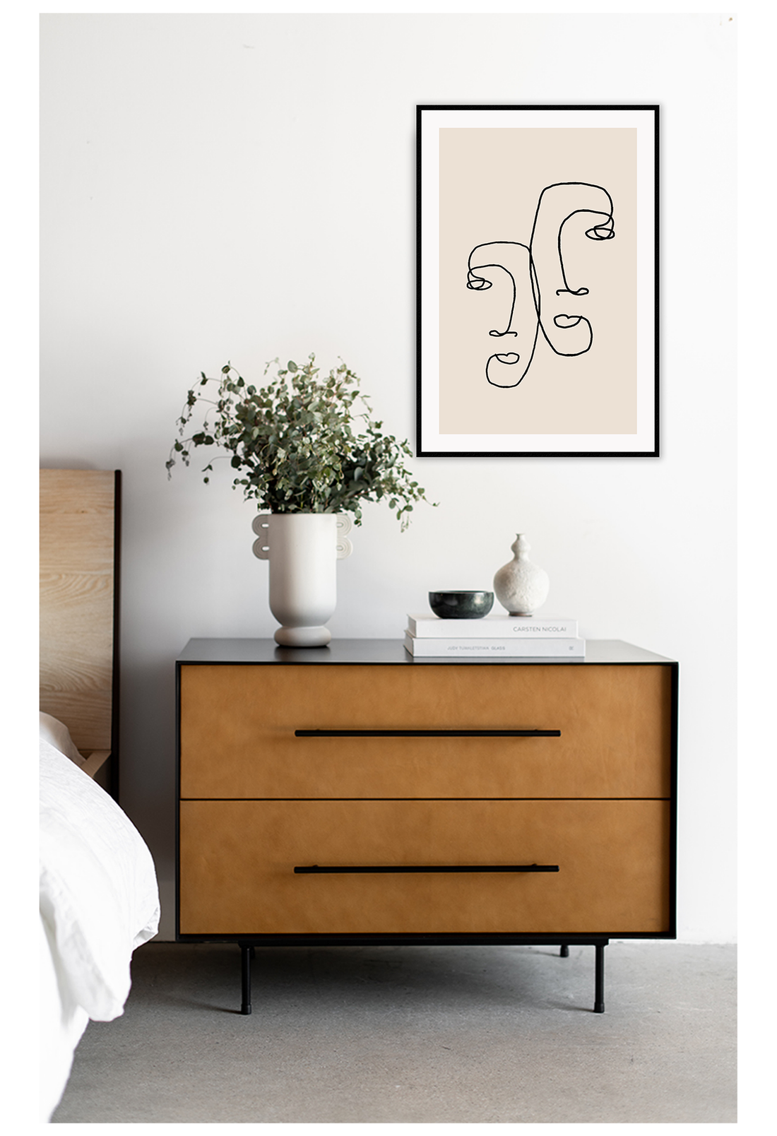 Abstract print line art faces two black line beige background modern simple minimal