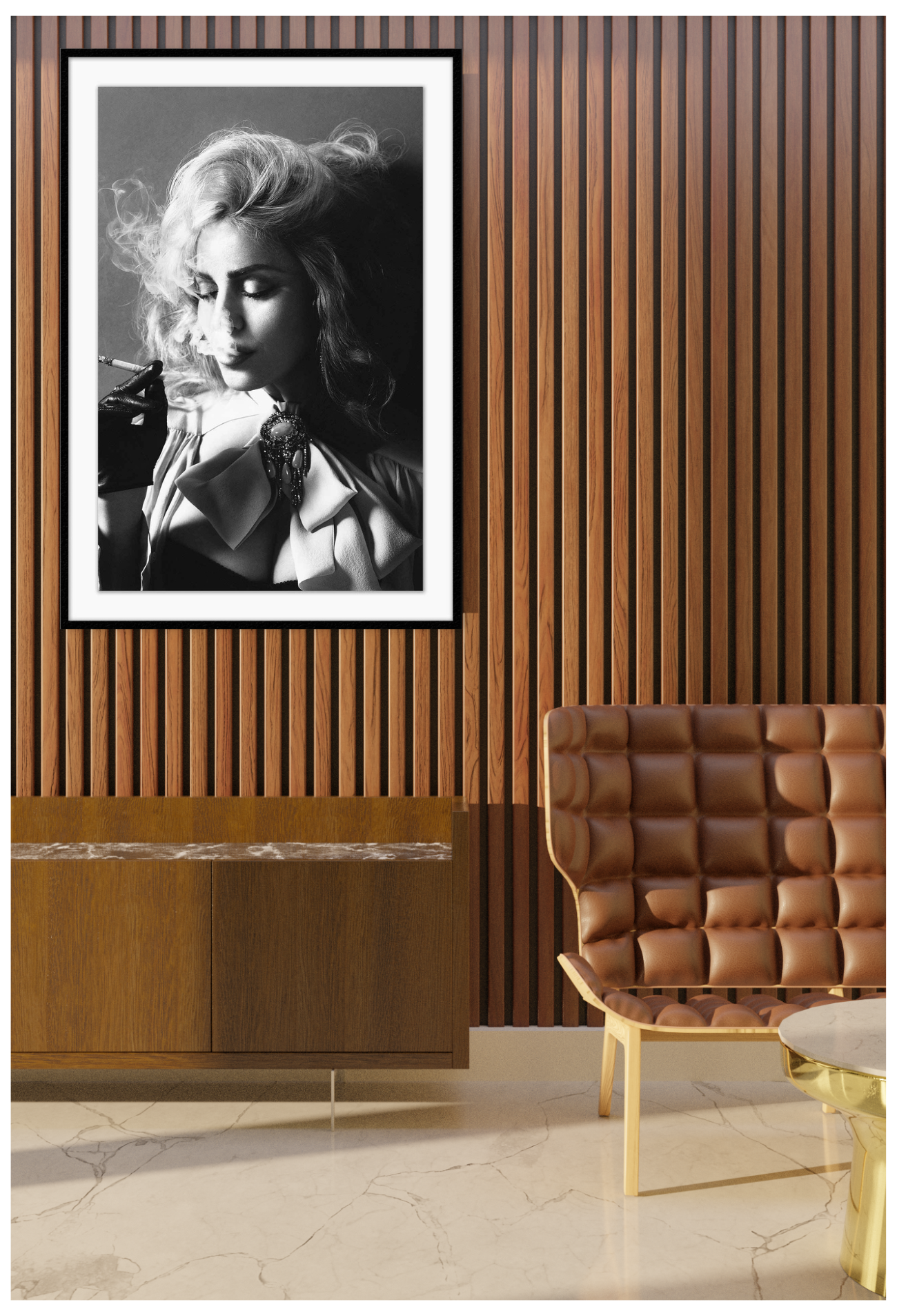 Madonna smoking The immaculate collection black and white fashion photography. Hung on a timber wall over a timber cabinet.